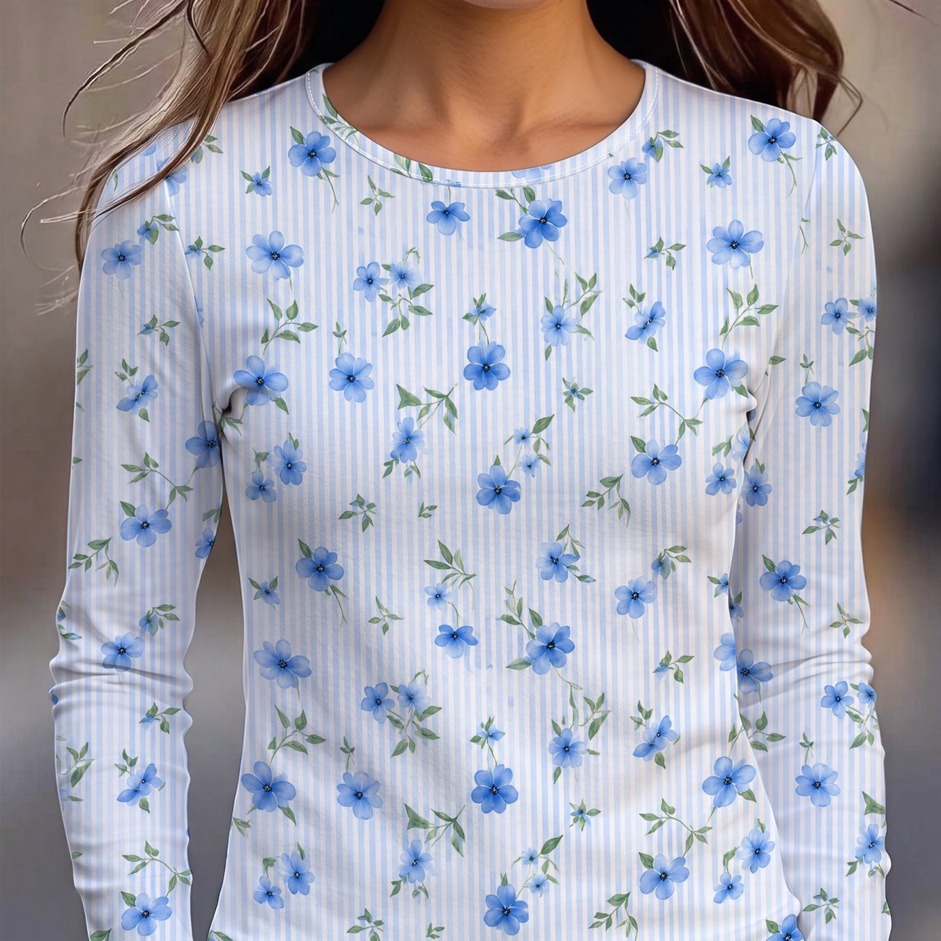 TEMU Women's Round Neck Long Sleeve T-shirt With Floral Vine Plant Pattern, Soft And Comfortable Fabric, Print Design, Machine Washable, Elegant,
