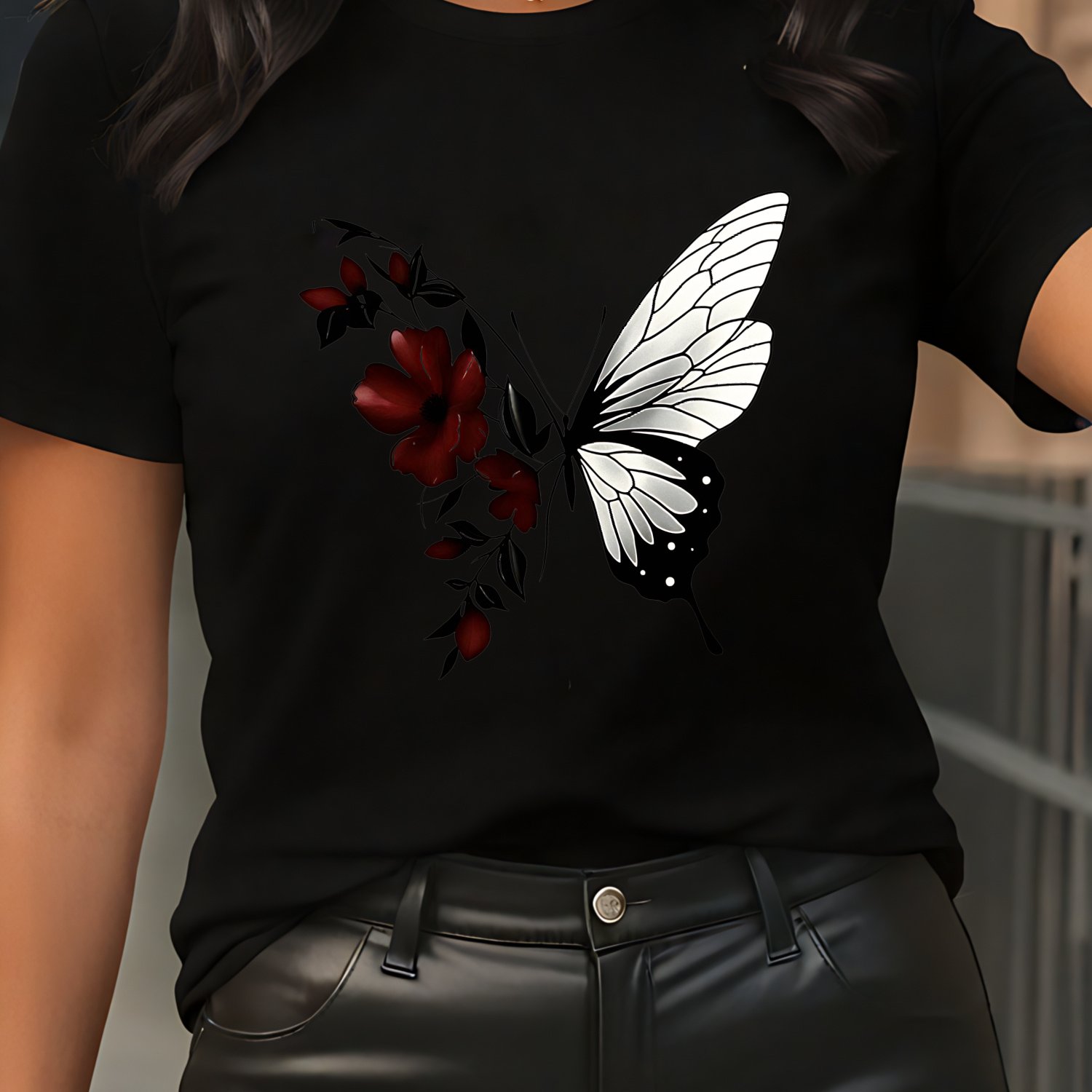 A T-shirt Designed With Red Flowers And White Butterflies, Women's T-shirt, High-quality Pure T-shirt Suitable For Spring Summer Casual Daily Wear, Gift For Who -inspired Fashion