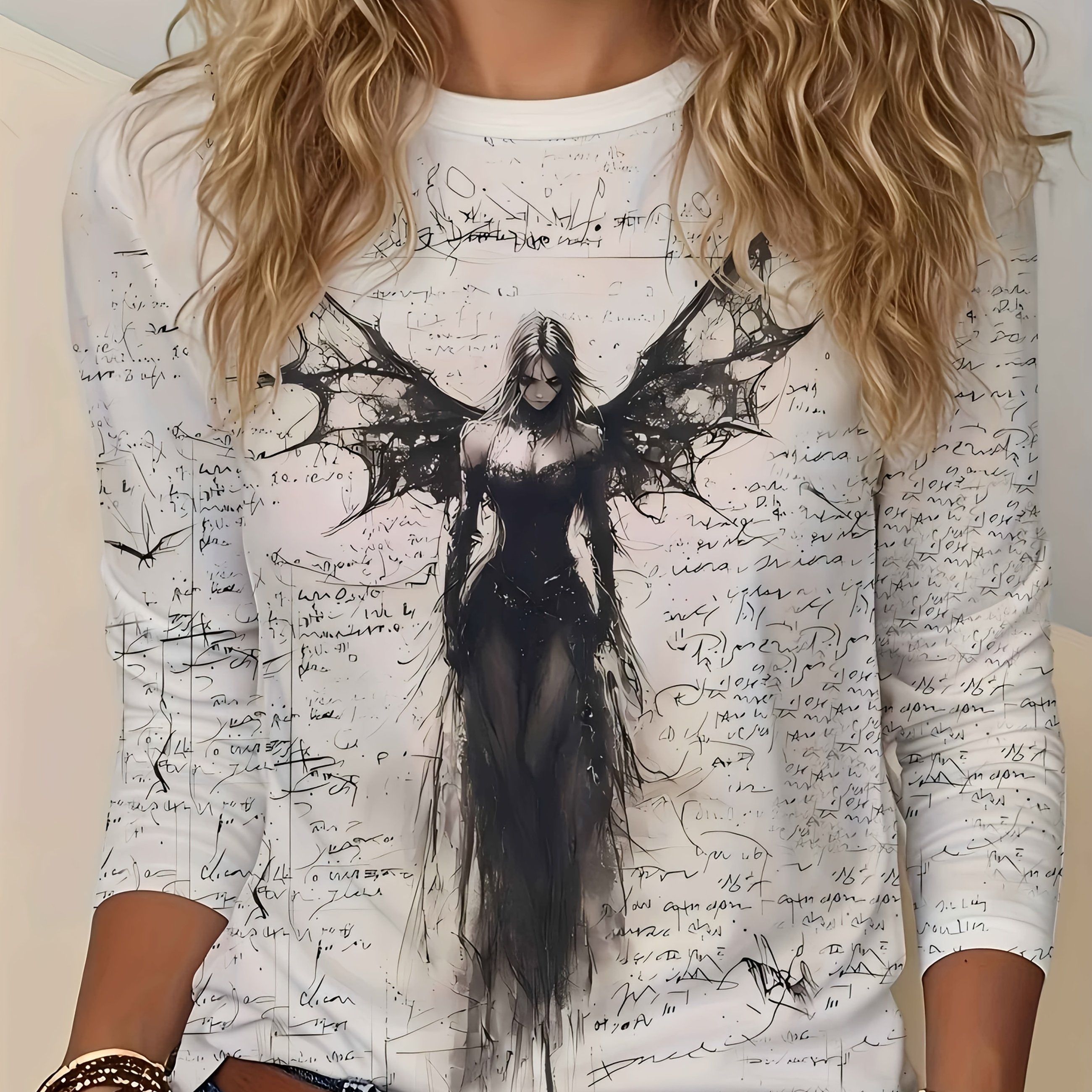 Women's Dark Style Artistic Print T-shirt, Black Winged Pattern, Long-sleeve Top
