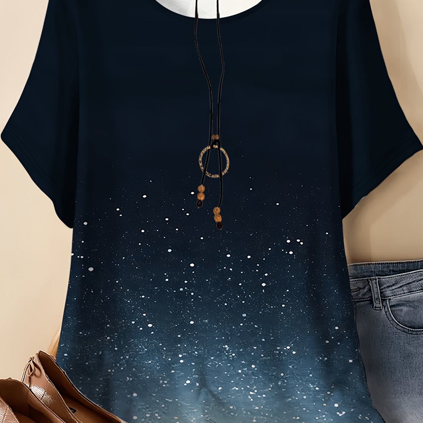 Image of Plus Size, Plus Sizes Women's T-shirt Features A Vertical Gradient Starry , Transitioning From Deep Navy Blue To Light Blue , With White/light Dots Of Varying Sizes At , A Minimalist Yet