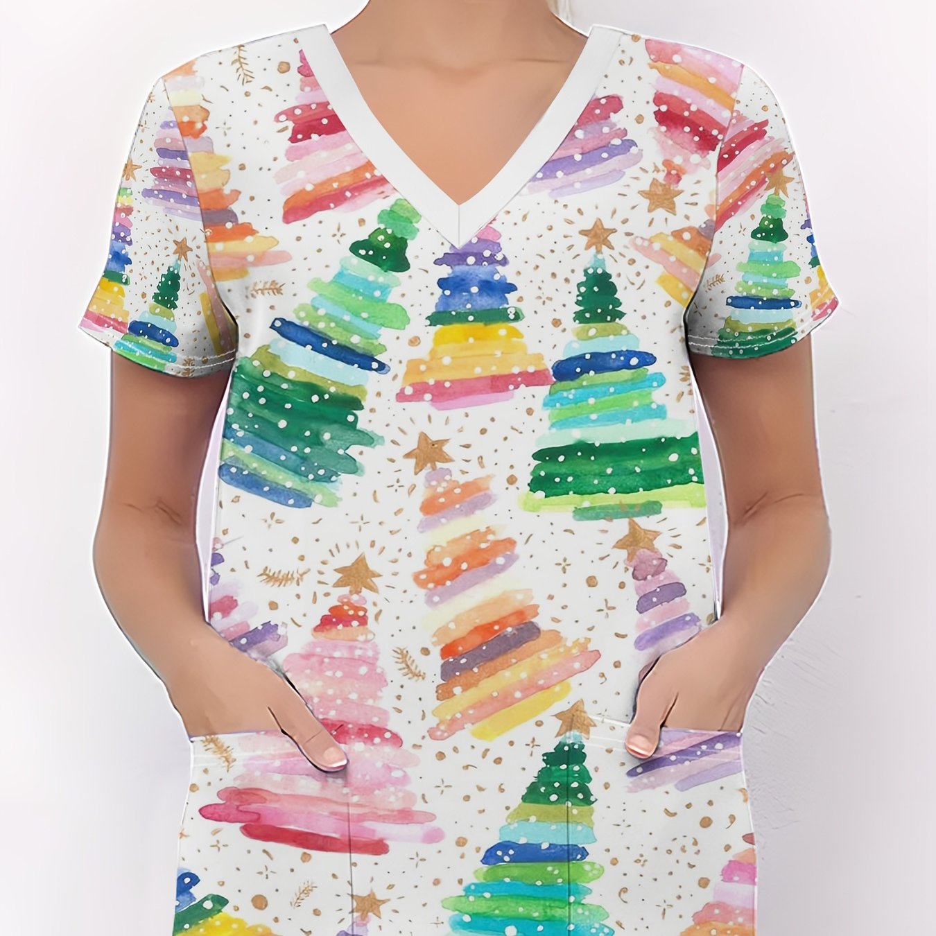 TEMU Christmas Women's T-shirt, Christmas Women's Nurse Uniform, Colorful Watercolor Christmas Tree Pattern Decorative Print Functional Women's Nurse