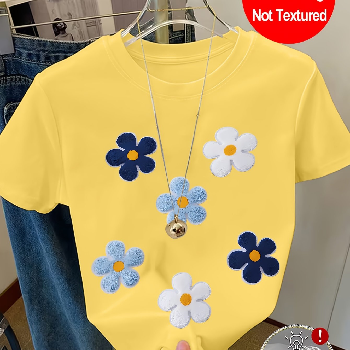 TEMU [2d Flat Print] 2026 Fashion Neck Design, Fresh And White Floral Print, Casual All-match Comfortable Short Sleeve T-shirt