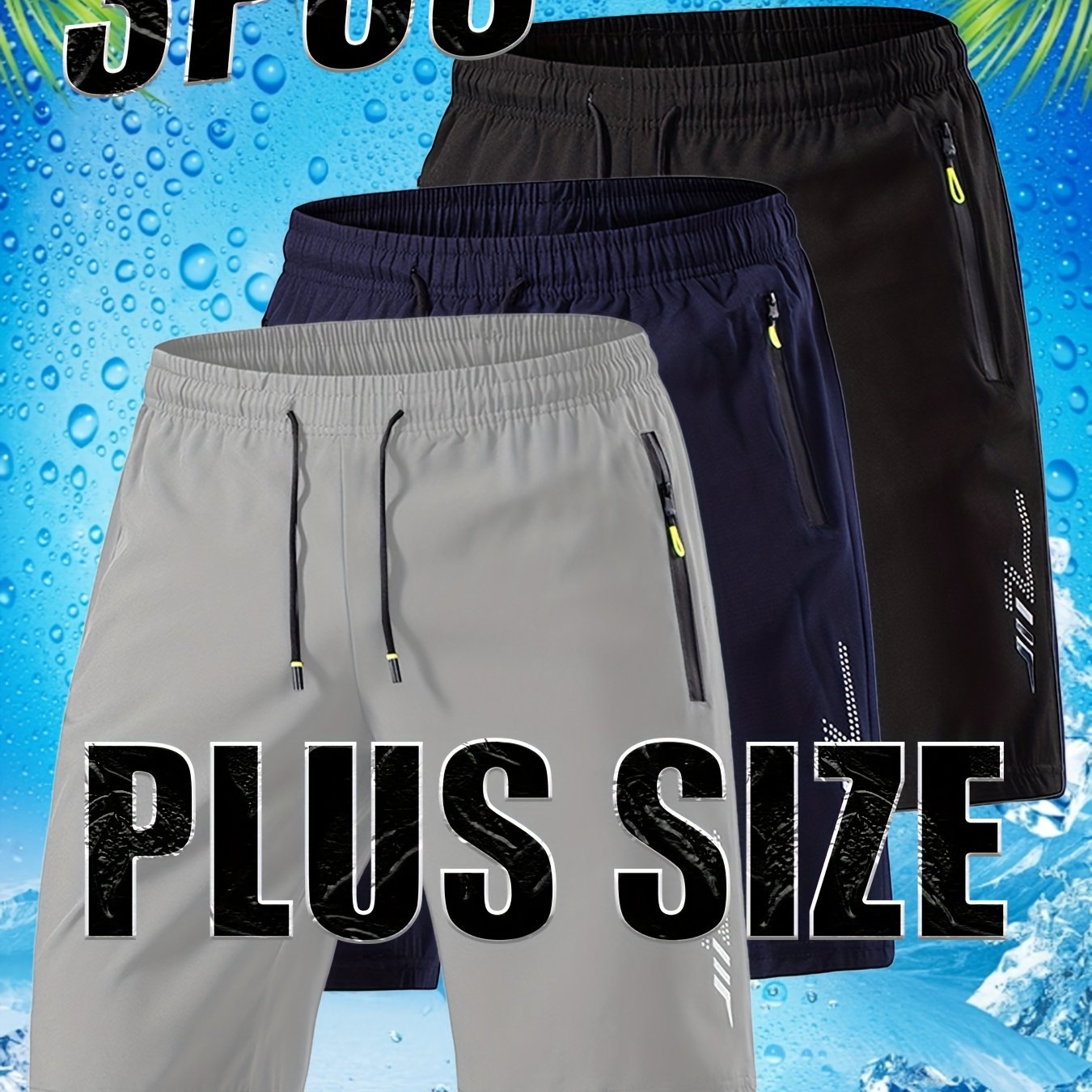 TEMU 3pcs Men's Plus Size Casual Shorts Set, Comfortable Soft Fabric With Unique Geometric Print, Double-sided Zipper Pockets, Perfect For Summer ,