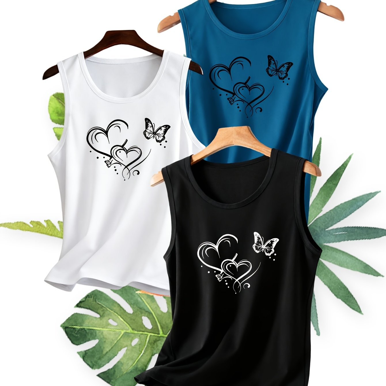 3 kosov, večbarvni izbira, ženski telovnik, telovnik z okroglim izrezom in potiskom srca, metulja in umetniških linij, spomladansko-poletni
