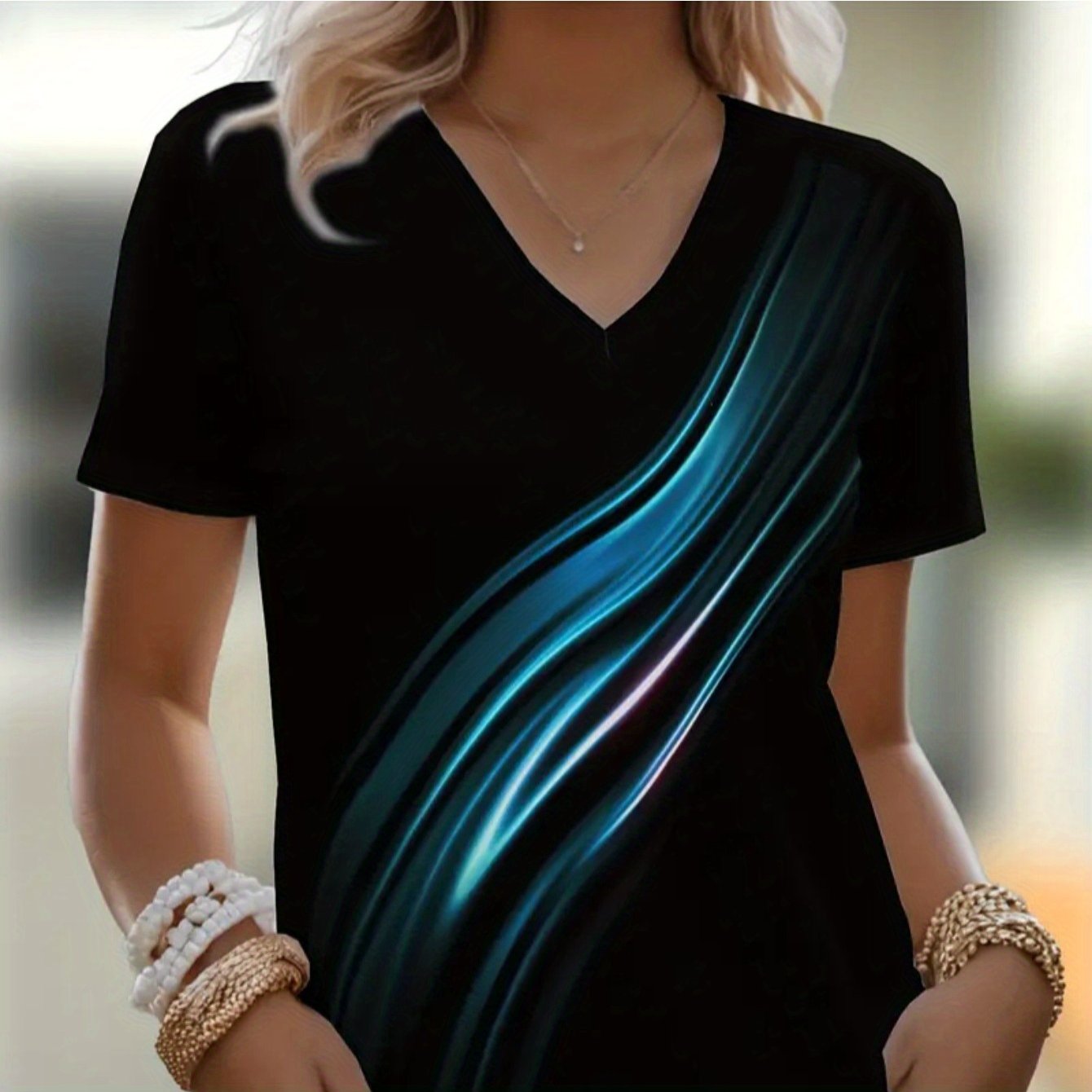 TEMU For Spring And Summer, Casual Short Sleeve Pattern Print V-neck T-shirt, Women's Clothing