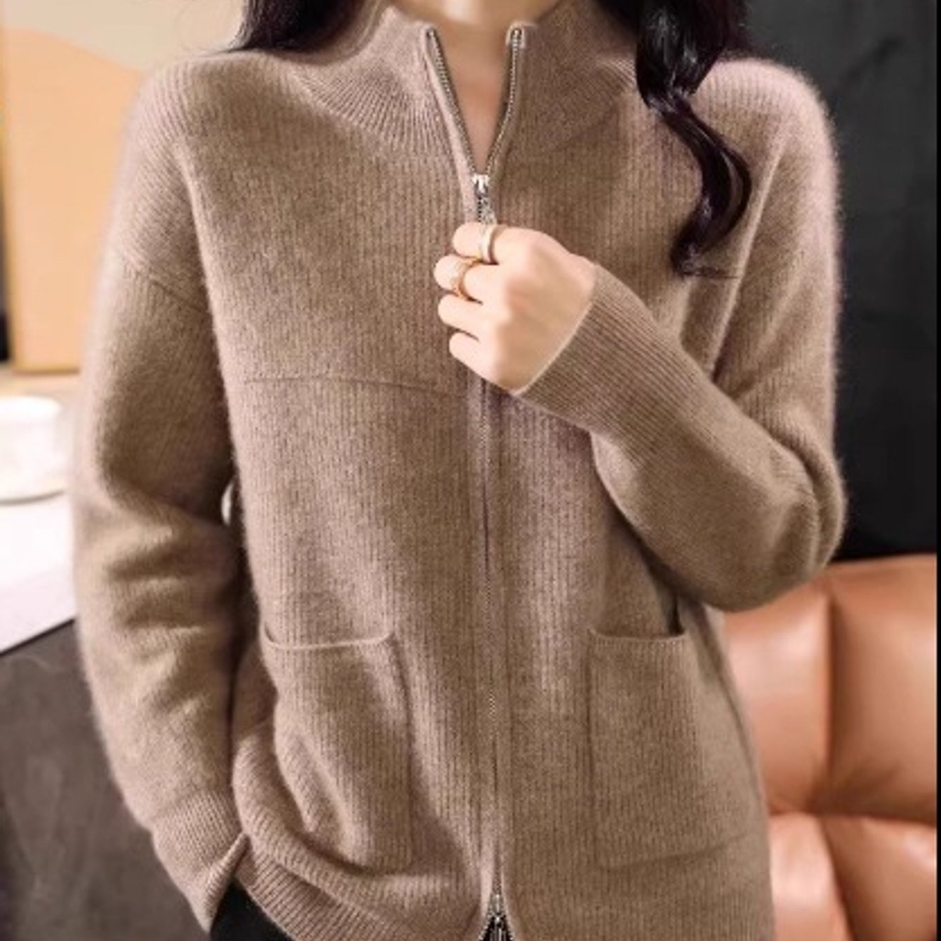 Women's Half-zip Cashmere Cardigan Stand Collar Loose Wool Sweater Outerwear