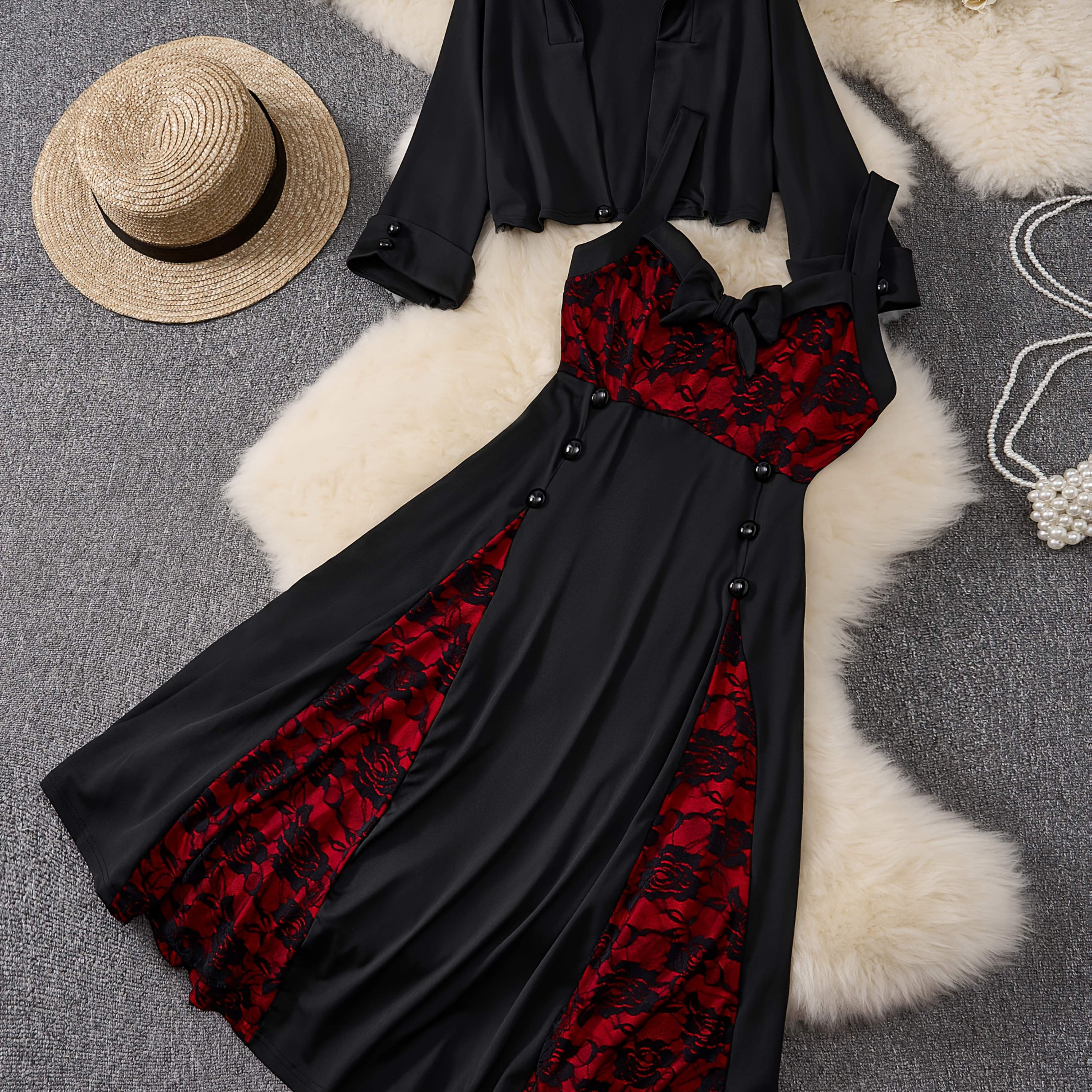 Plus Size, Oudong European And Rose Lace Print Plus Size 2pcs Dress For Women