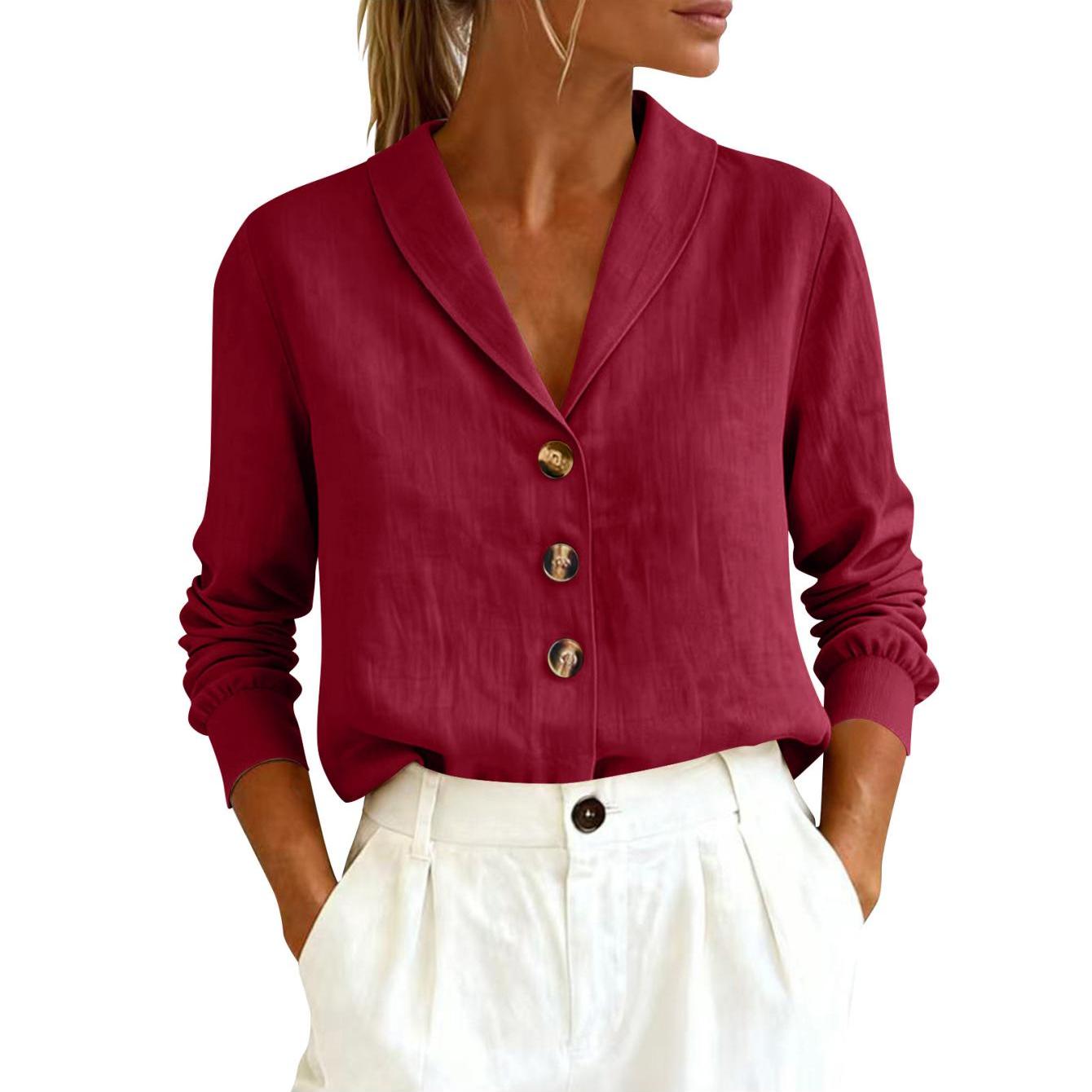 Image of Women's Summer 2026 Retro Fashion Solid Breathable Casual Shirt, Turn- Collar Button T-shirt Fashionable Long Sleeve Loose Fit Tops Suitable For Office Casual And Daily