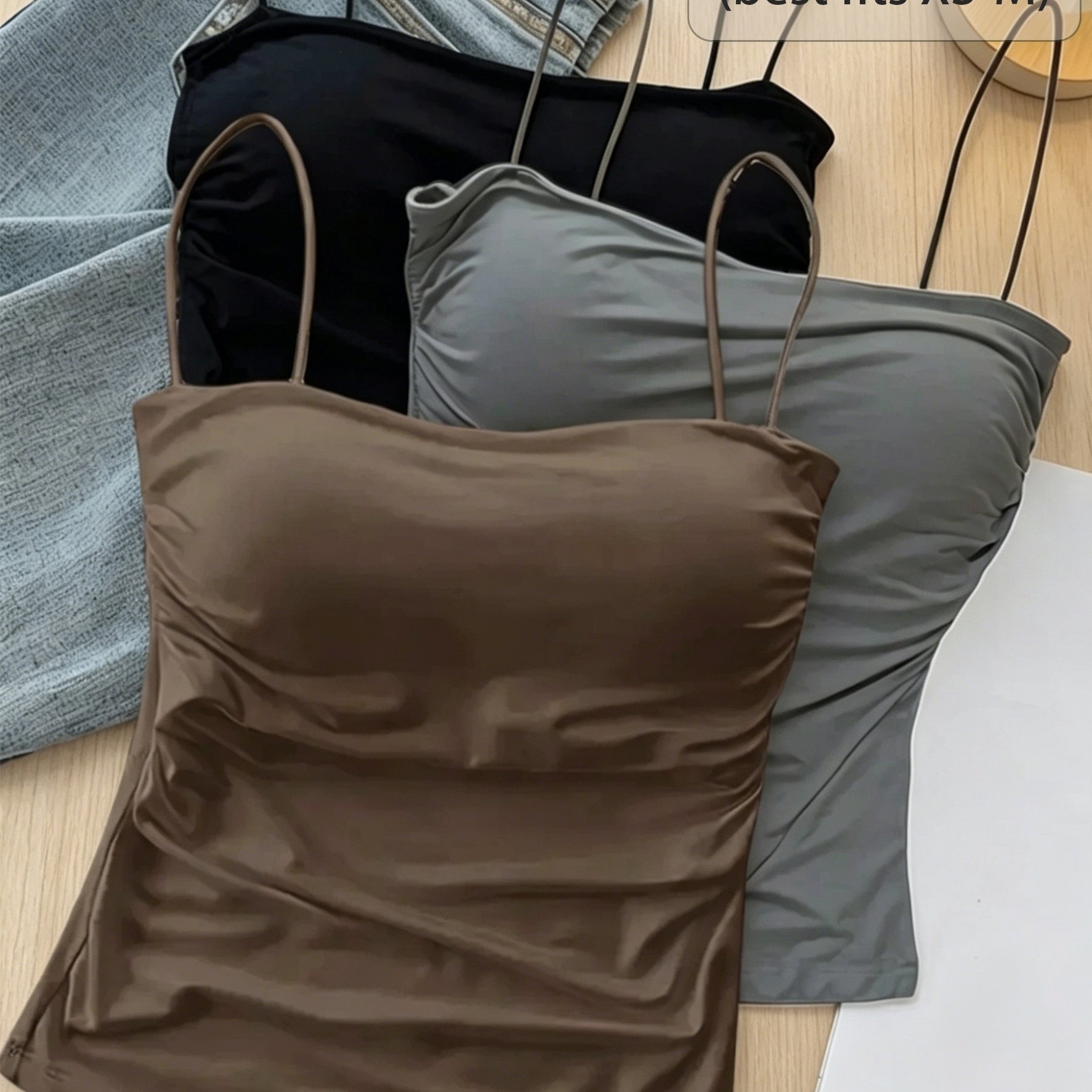 TEMU Ensemble 3 pièces Cami dos ni soutien-gorge, Coussinets de poitrine fixes anti-transfert, Taille froncée pour un de la taille, Vêtements intimes
