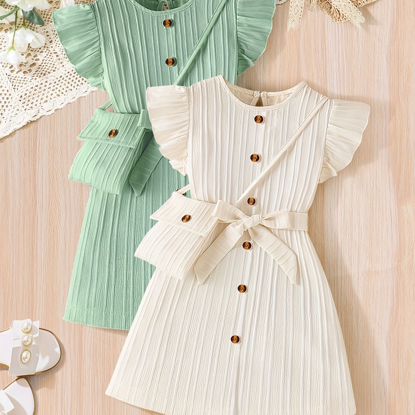 2-piece Set, Young Girls' Casual And Fashionable Summer Wave Stripe Dress With Snap Buttons, Includes Bag And Belt, Round Neck With Ruffle Cuffs, Suitable For Summer Outdoor Parties And Travel Outfits
