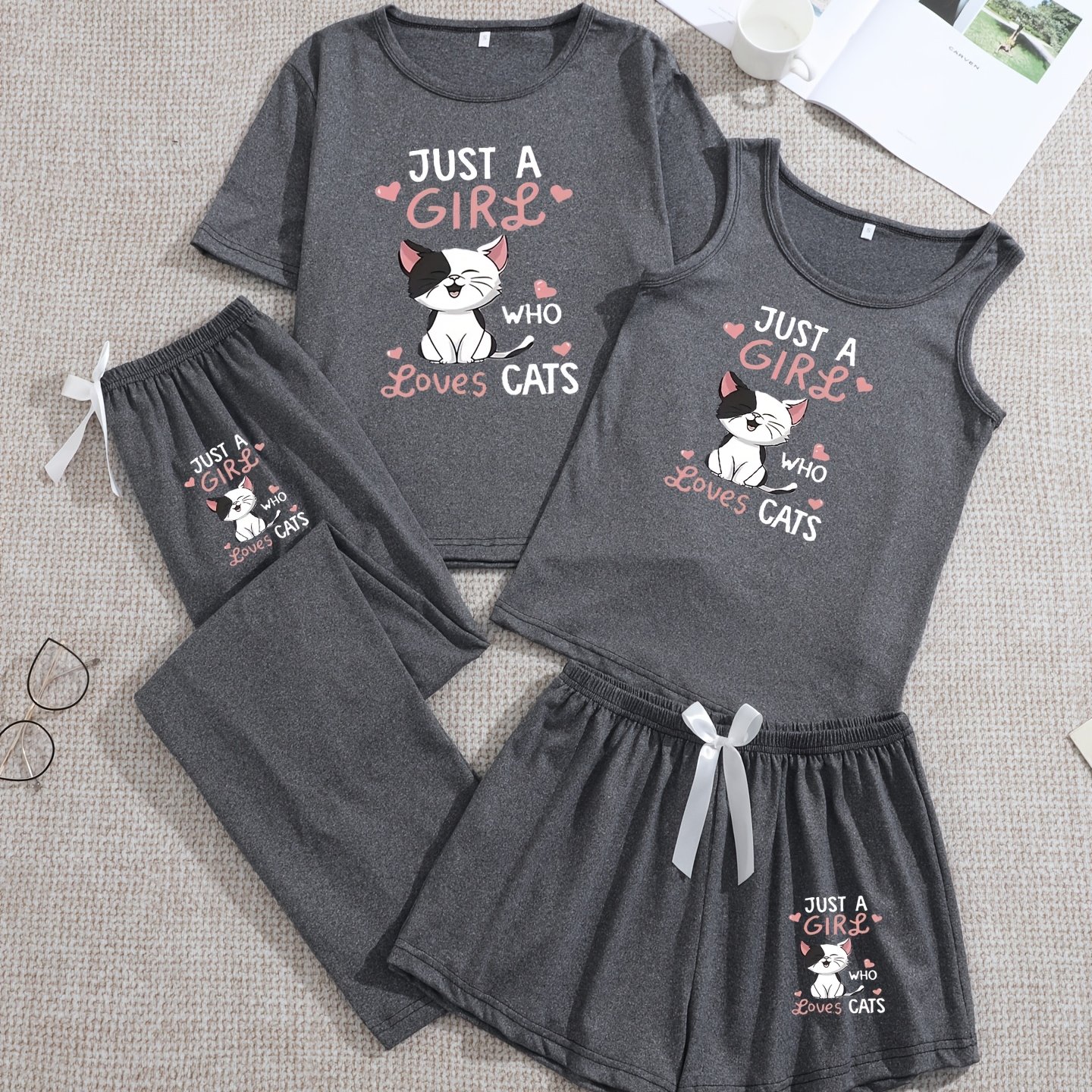 TEMU 4pcs Set: Women's Fashionable And Simple Pajamas Vest   Short Sleeves   Shorts   Trousers Fashionable And Comfortable Travel And Vacation Casual