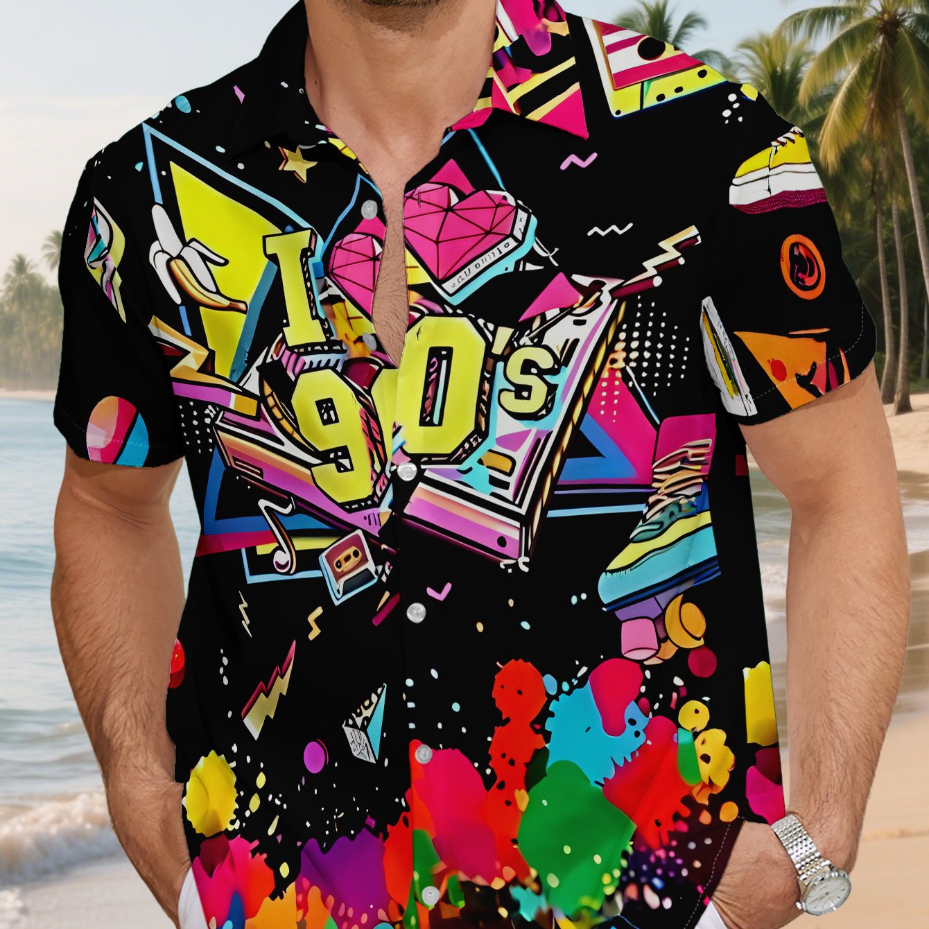 TEMU Hawaii-shirt voor heren I Love 90s met kleurrijke trendy elementen patroonprint, casual overhemd met knopen en korte mouwen