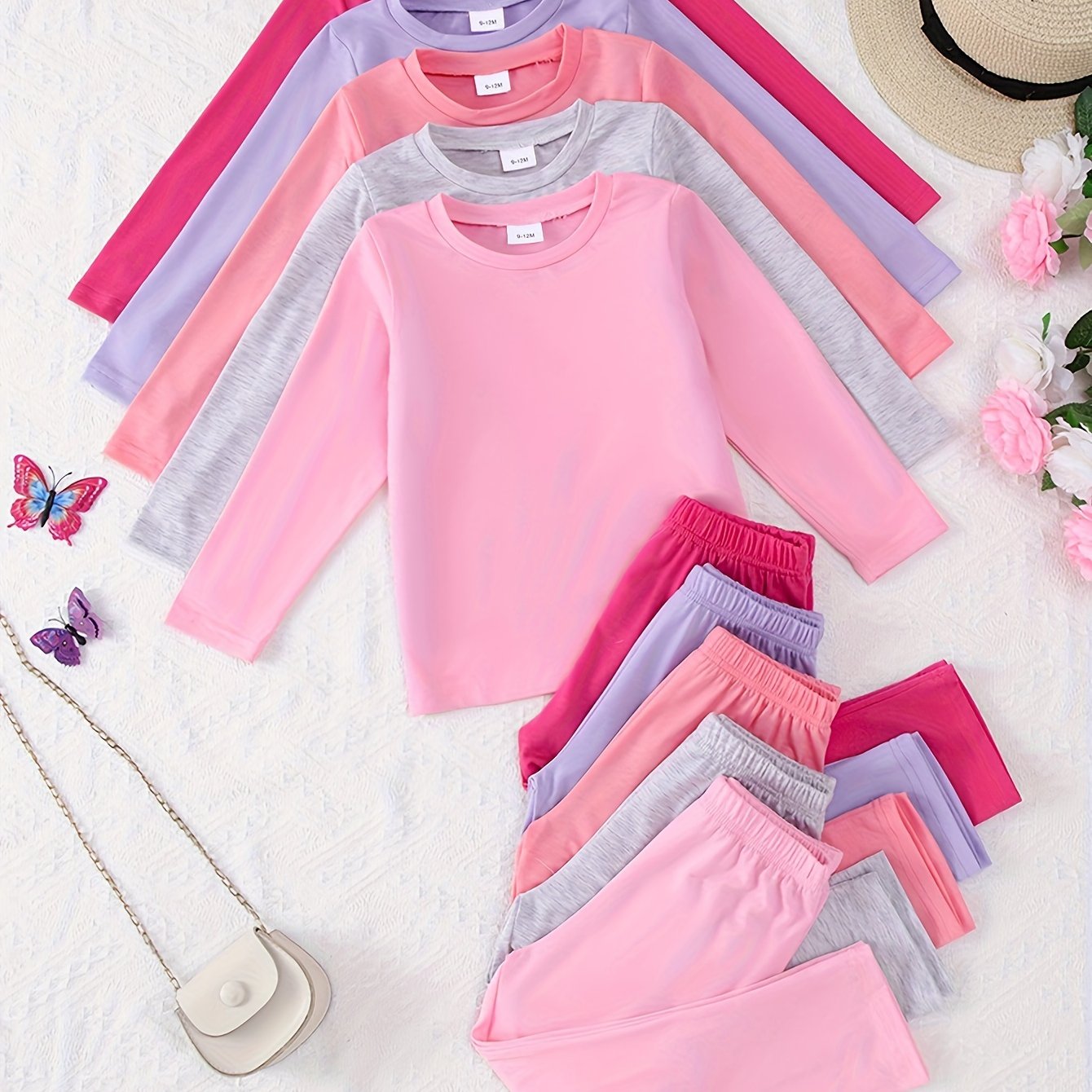 Ten-piece Set Of Soft And Comfortable Knitted Solid Layer Long-sleeved Top And Long Pants Set For Infants And Toddlers, For Outdoor