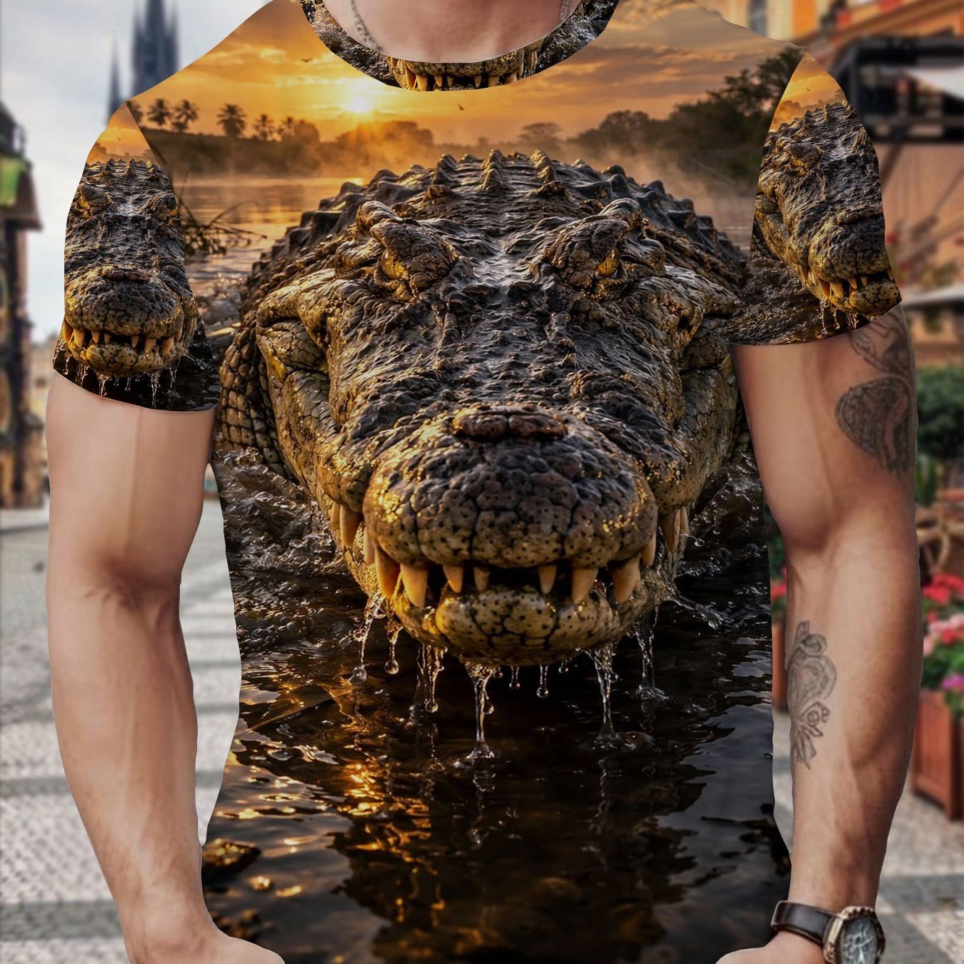 TEMU [printed Design-not Textured] Plus-size Men's Polyester T-shirt With Dinosaur And Crocodile Prints, Short-sleeve Crew Neck Tee Made Of Quick-dry