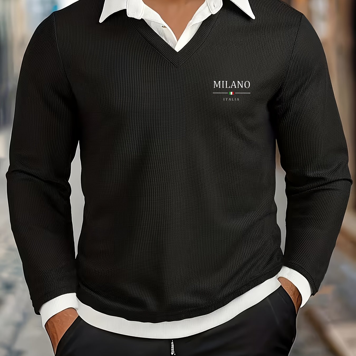 E-shop [ OBM] Herbst- und Winter Neues Herren Textur Waffel Fake Zweiteiliges Farbblock-Metallschnallen Design Outdoor Casual Sport Shirt