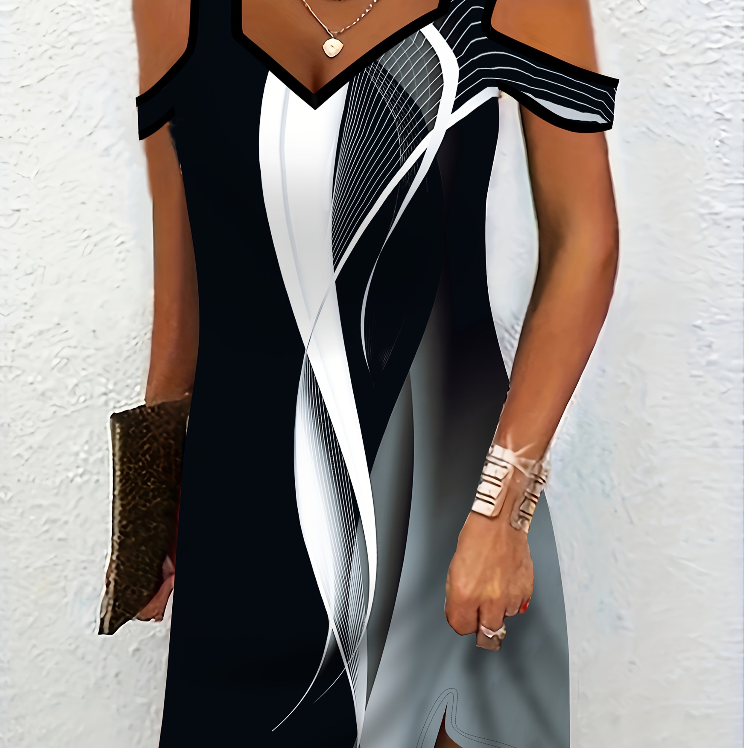 E-shop Elegantes Damen-Trägerlos-Kleid mit kurzen Ärmeln geometrischem Muster, modisches trendiges langes Kleid