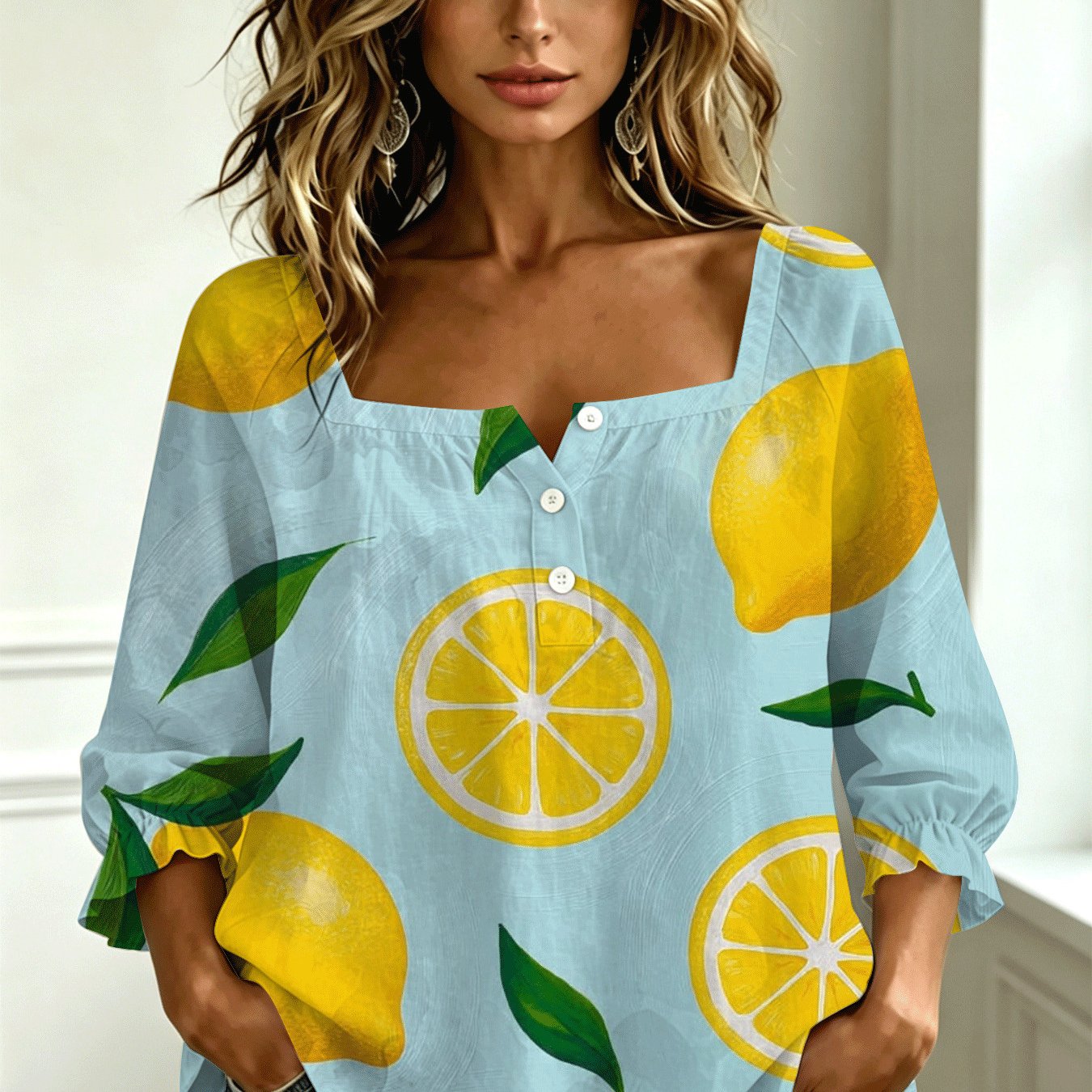 Image of Plus Size, New Arrival Plus Size Square Neck Light Lemon Fruit Allover Print Blouse Women Summer Cool Casual Fruit Print Streetwear Fashion Versatile Top