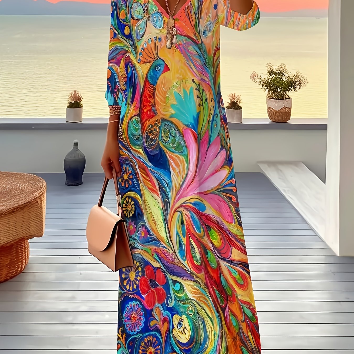 E-shop Frühlings- und Herbstliches, tiefschultriges, halbärmelloses, lockeres, elegantes langes Kleid