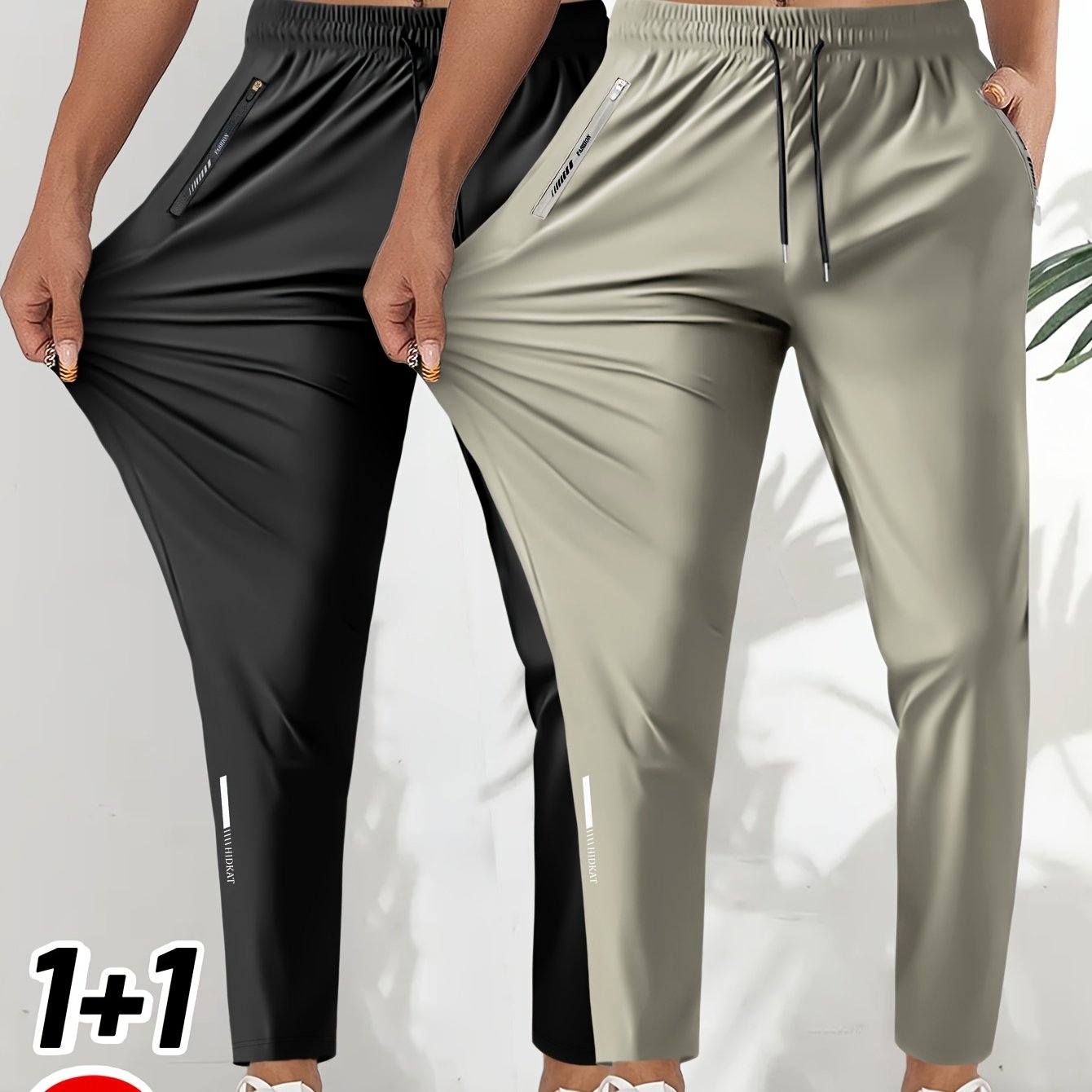Image of 2pcs Women's Summer Mid-waist Elastic Casual Pants, Zipper , Non-tight Drawstring Waist, Suitable For, Walking, Outdoor Casual Wear