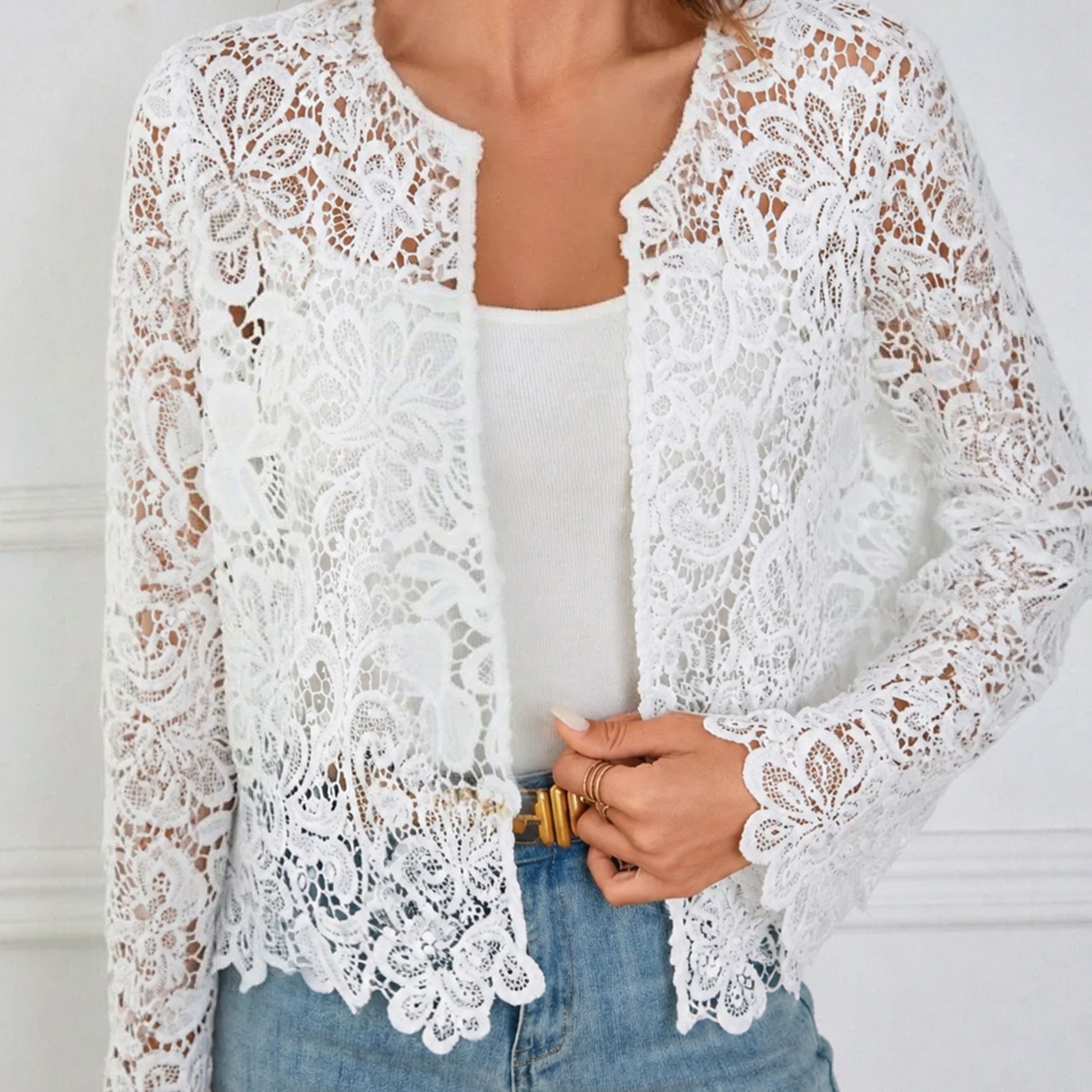 TEMU Targeted Development Summer Women's Hollow Lace Long Sleeve Cardigan Casual Fashion Commuter All-match Jacket
