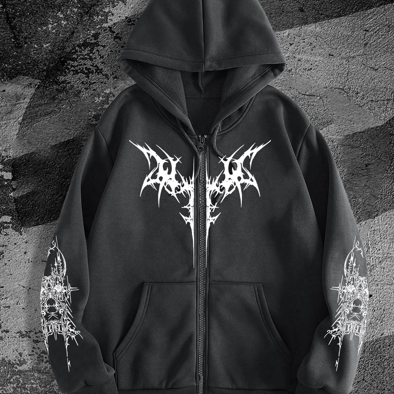 TEMU Men's Gothic Dark Style Multi-position Print Zip-up Hoodie, A Fashionable Streetwear For Casual Occasions, Perfect To Pair With Trendy Outfits