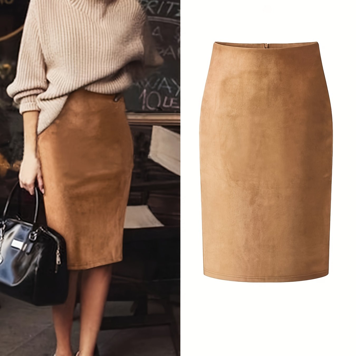 TEMU 2025 New Women's Casual Elegant Suede Velvet Zippered Back Slit Midi Skirt Multifunctional Skirt Brown Suede High Waist Midi Skirt Ladies Casual