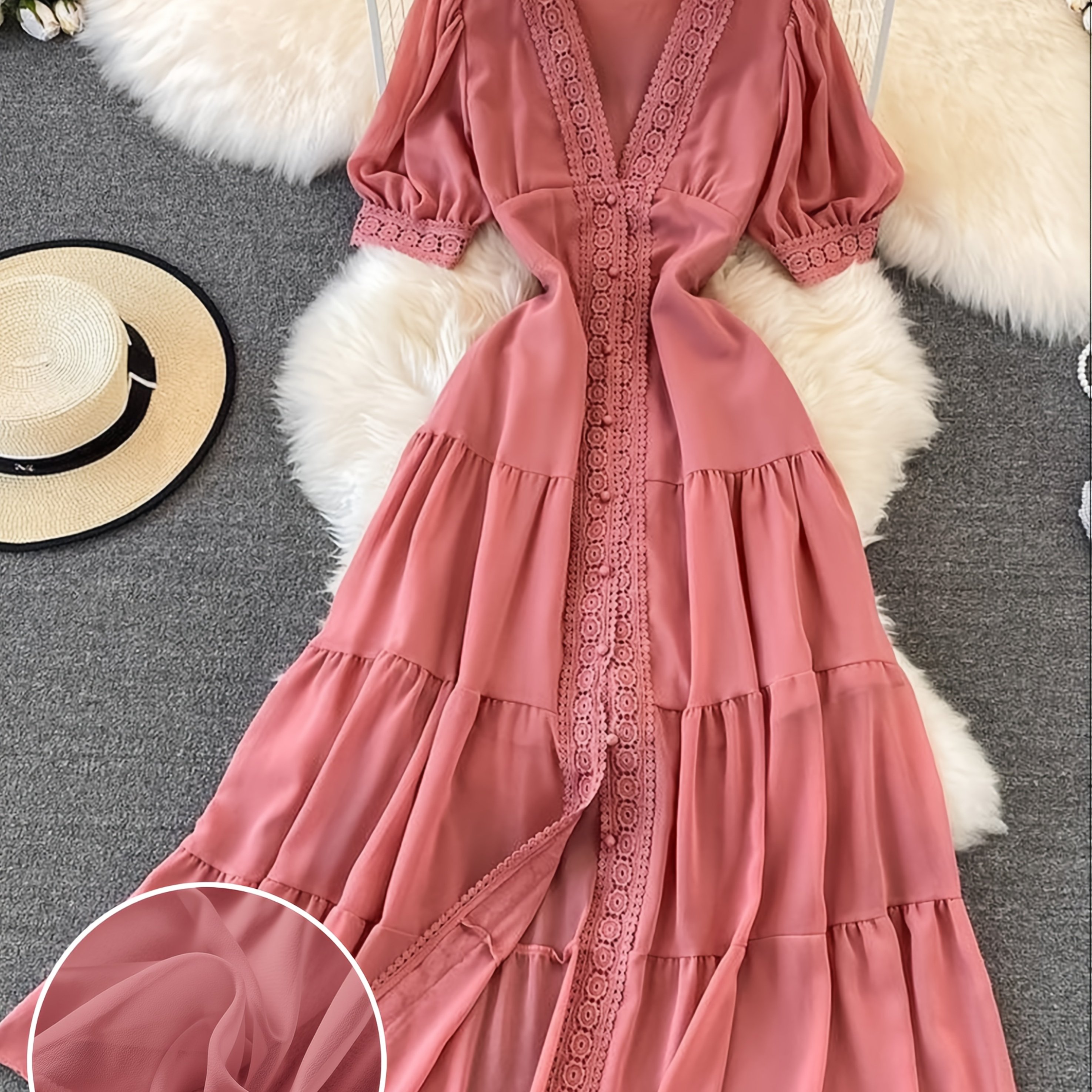 TEMU Robe en de soie à motif de dentelle, coupe cintrée à la taille, effet, idéale pour les vacances et