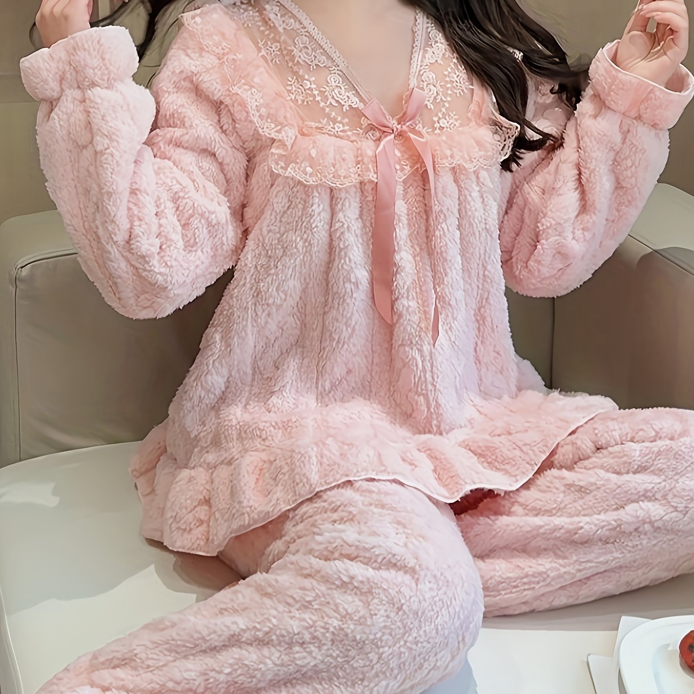 TEMU Sexy Wheat Ear Stripe Women's Autumn/winter Flannel Coral Plush Lined Lace-like Loungewear