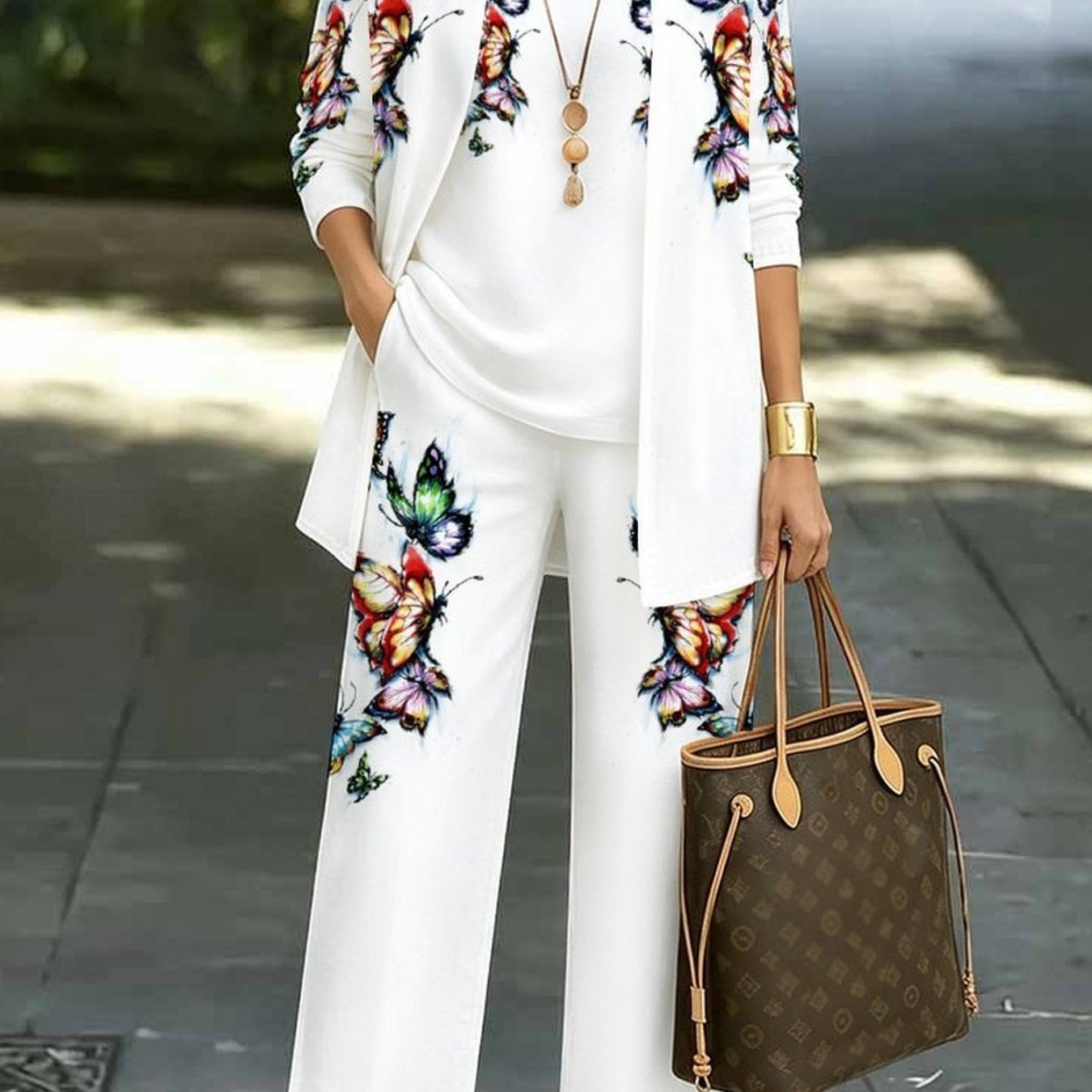 Image of Women'-piece Set (mid-length Jacket, Vest, And Pants) With Classic And Trendy Patterns And Full Body Printing, Suitable For Daily Home Commuting, Gatherings, And Dates