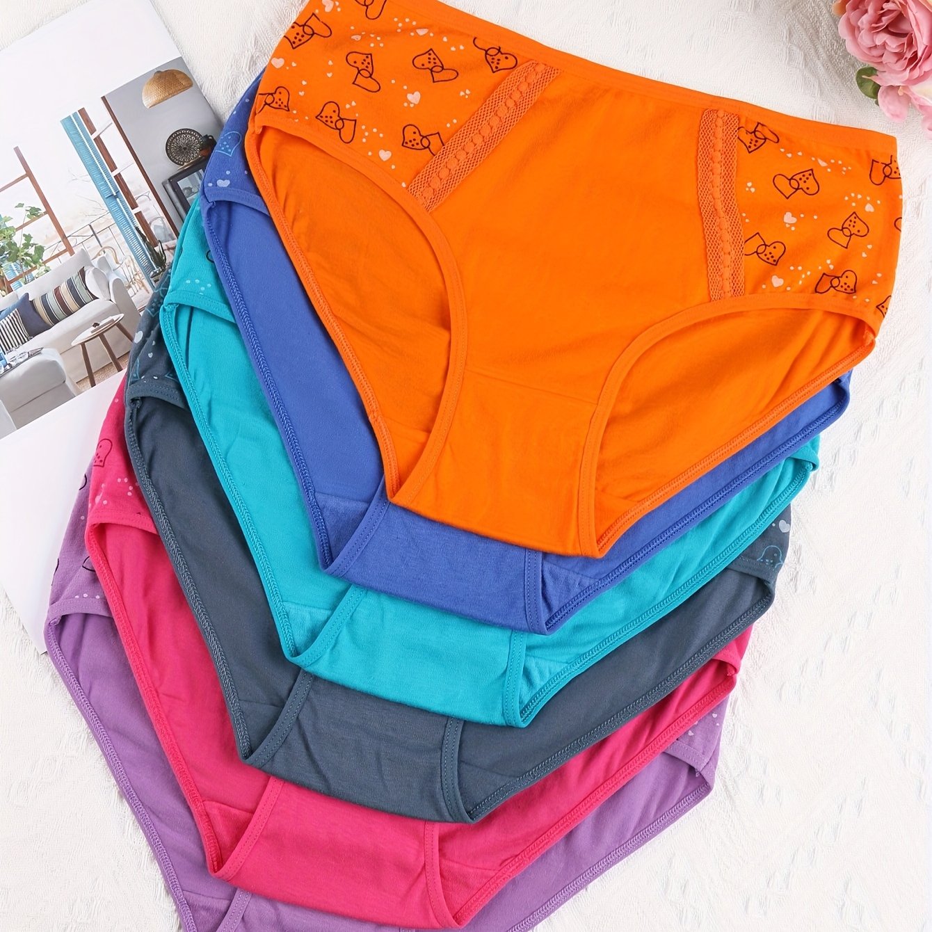 TEMU 6pcs Set Of Plus Size Women's High-waist Underwear With Bow And Heart-shaped Print, Soft, Comfortable, And Breathable Fabric, Suitable For Daily