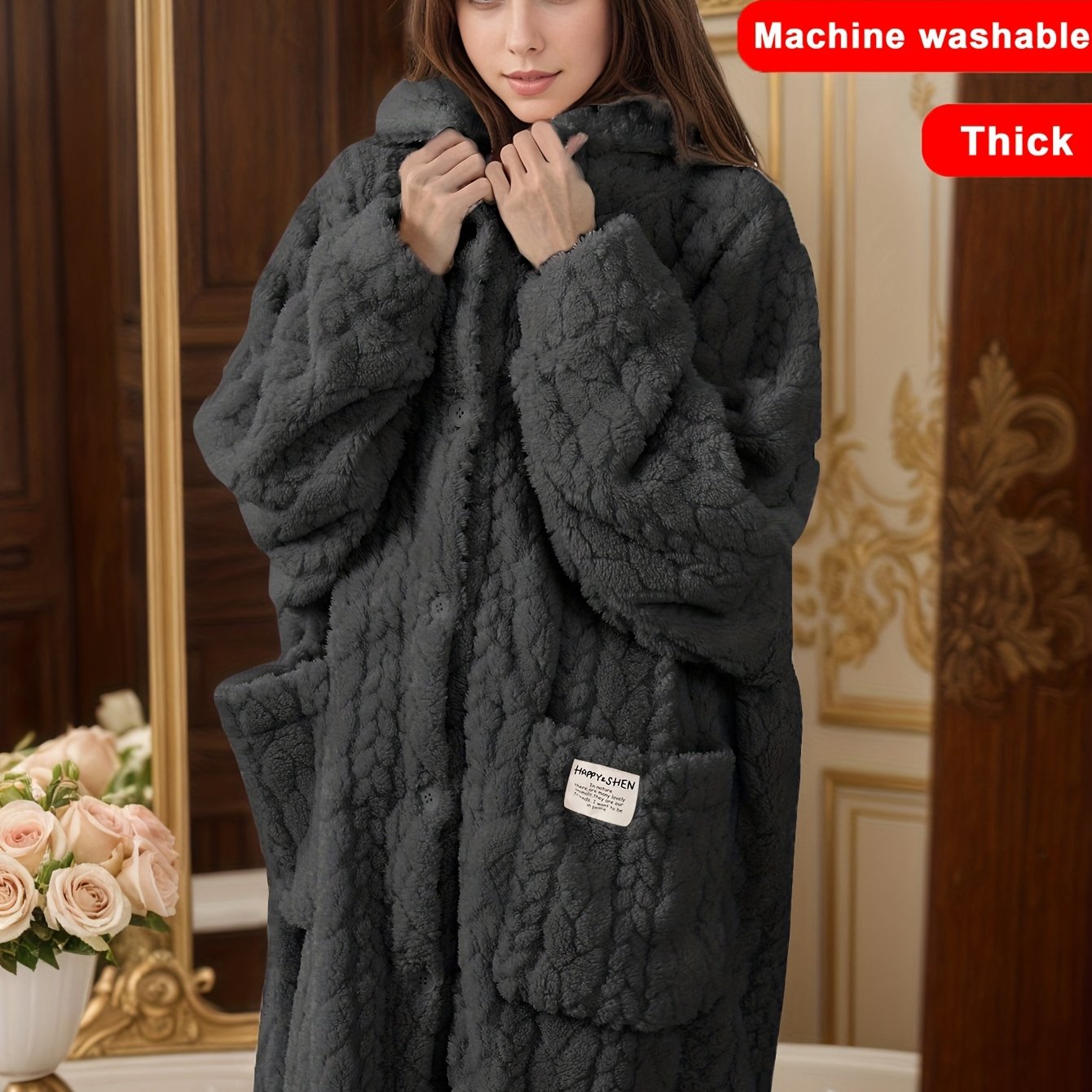 TEMU Fall Winter Flannel Women's Loose Plus Size Robe - Home Sleepwear, Thickened Warm, Comfortable Soft, Button-front, Long Sleeve Hooded With 2