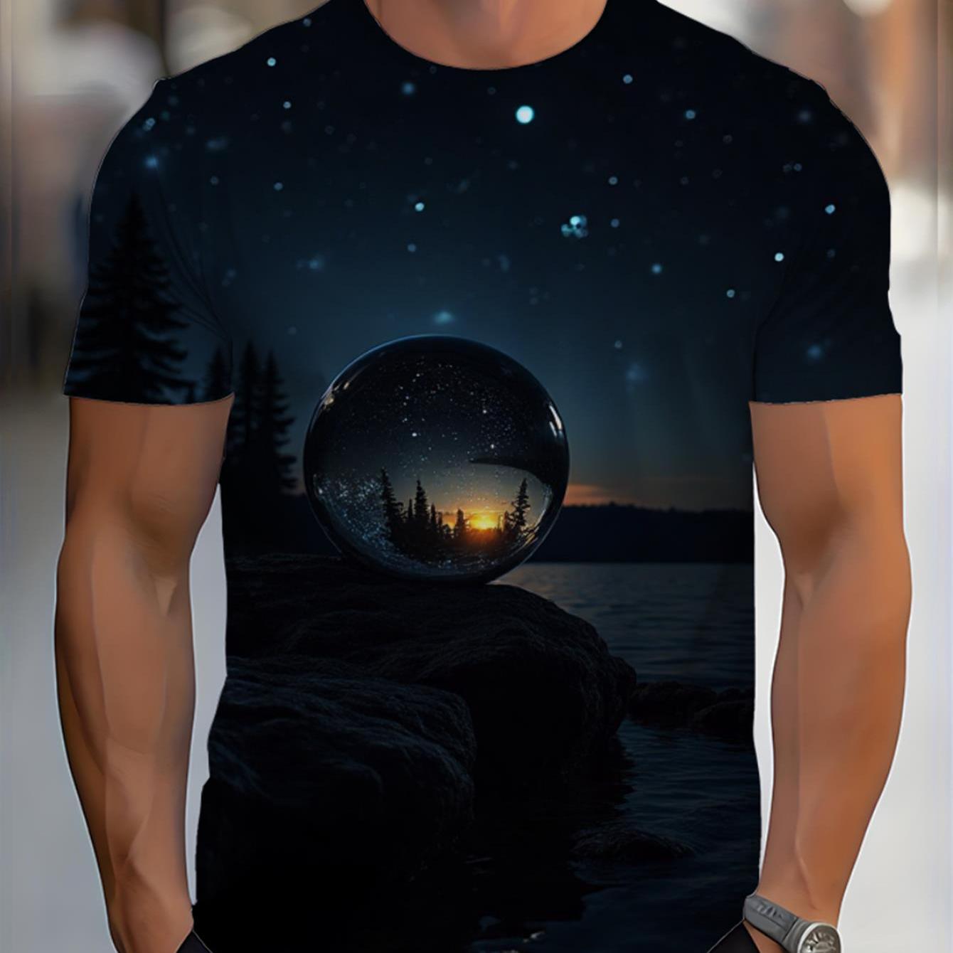 Image of Men's Mystical Starry Night Sphere T-shirt - 3d Of And Forest Silhouette On Round Neck Short Sleeve Tee For Casual Wear