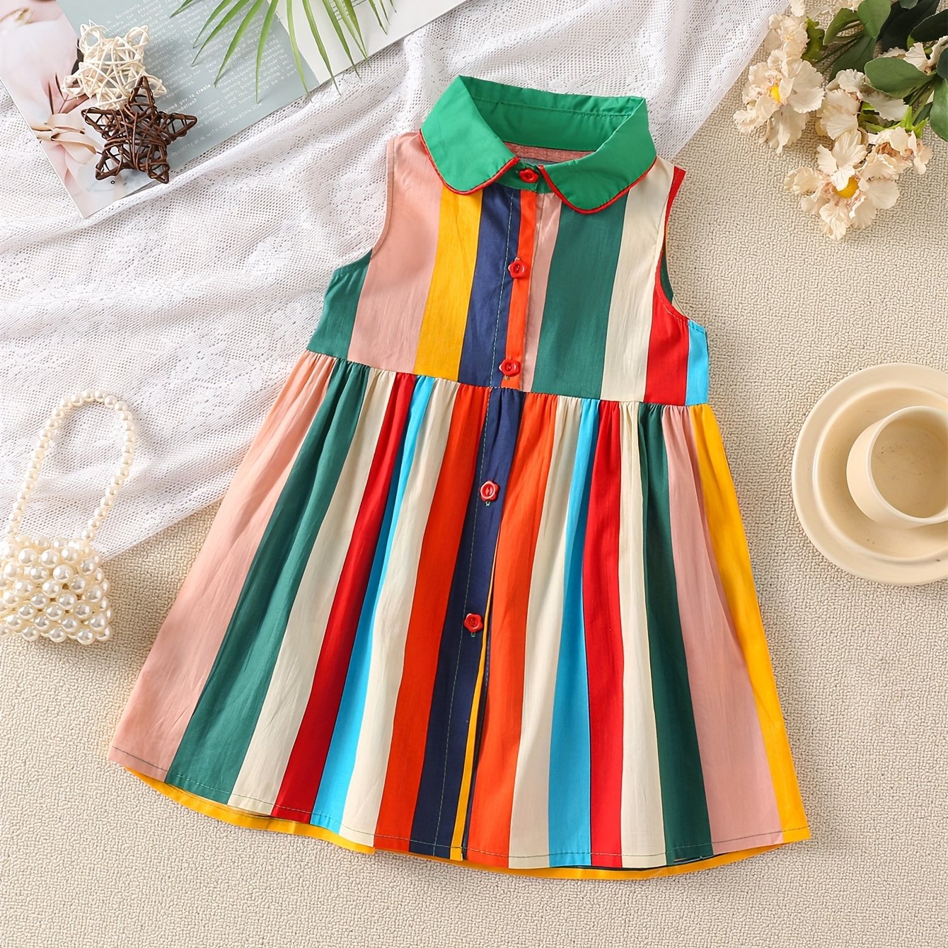 Image of Children's Dress, Girls' Summer Dress, Pretty Colorful Sleeveless Vest Princess Dress For Girls, Striped Dress For Girls