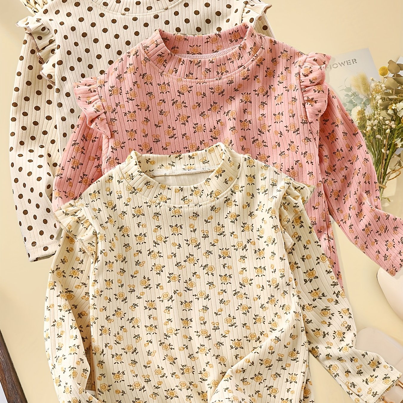 Image of 3pcs Girls' Spring Summer Autumn T-shirt Set, Base Layer Small Girl Flying Sleeve T-shirt Base Layer Top, Casual Wear And Outdoor Wear, Girls' Clothing