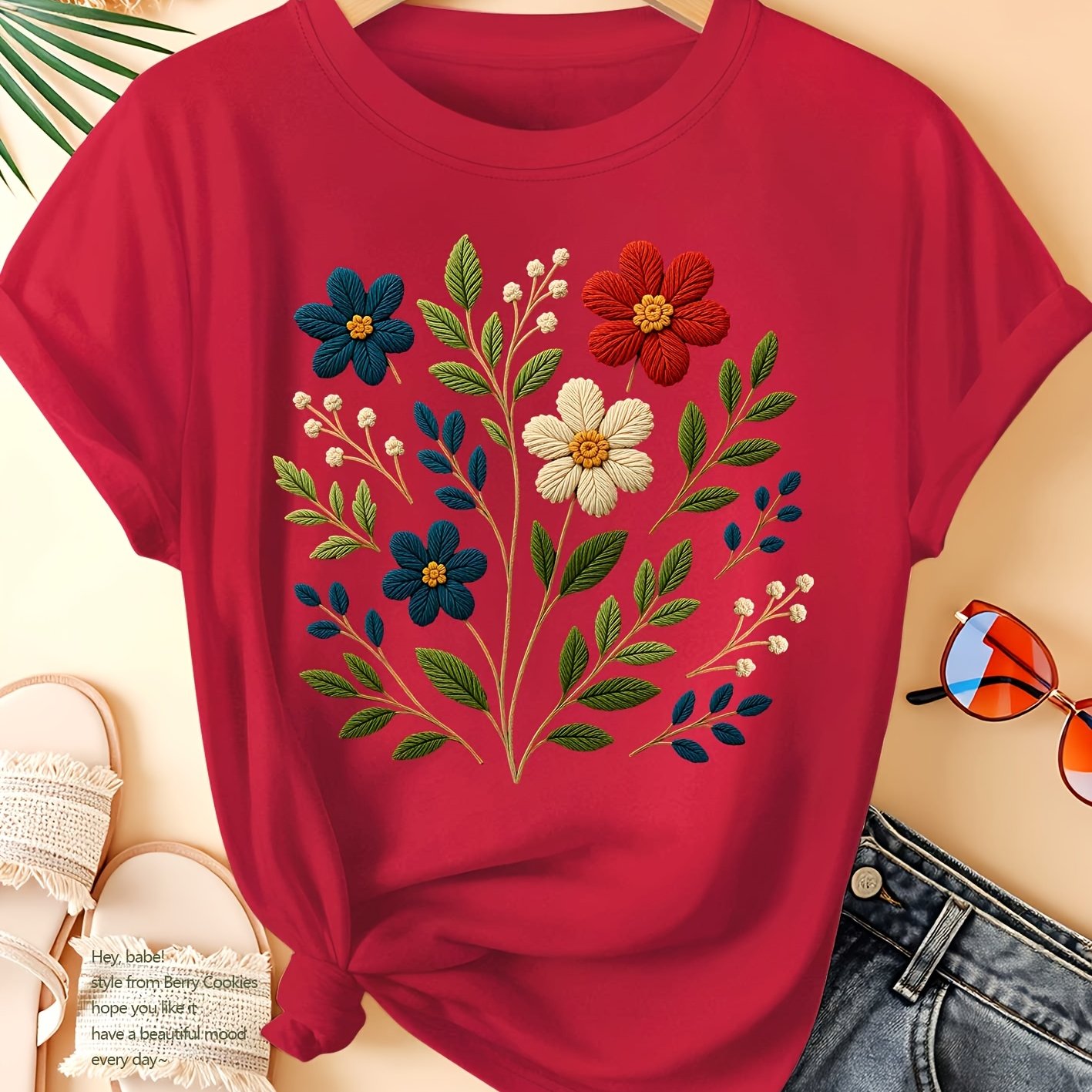 TEMU New Women's Short-sleeve T-shirt, Flat-print Style With Contrast Floral Color Block Print, Elegant And Versatile For Spring, Summer, And Autumn,