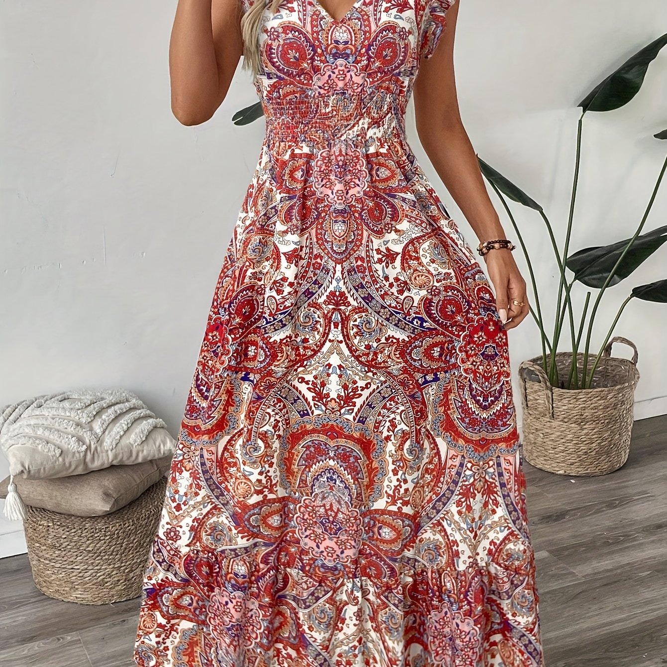 Image of Dp022037 Spring- Casual New European And Trendy Women's Printed V-neck Short Sleeve Dress