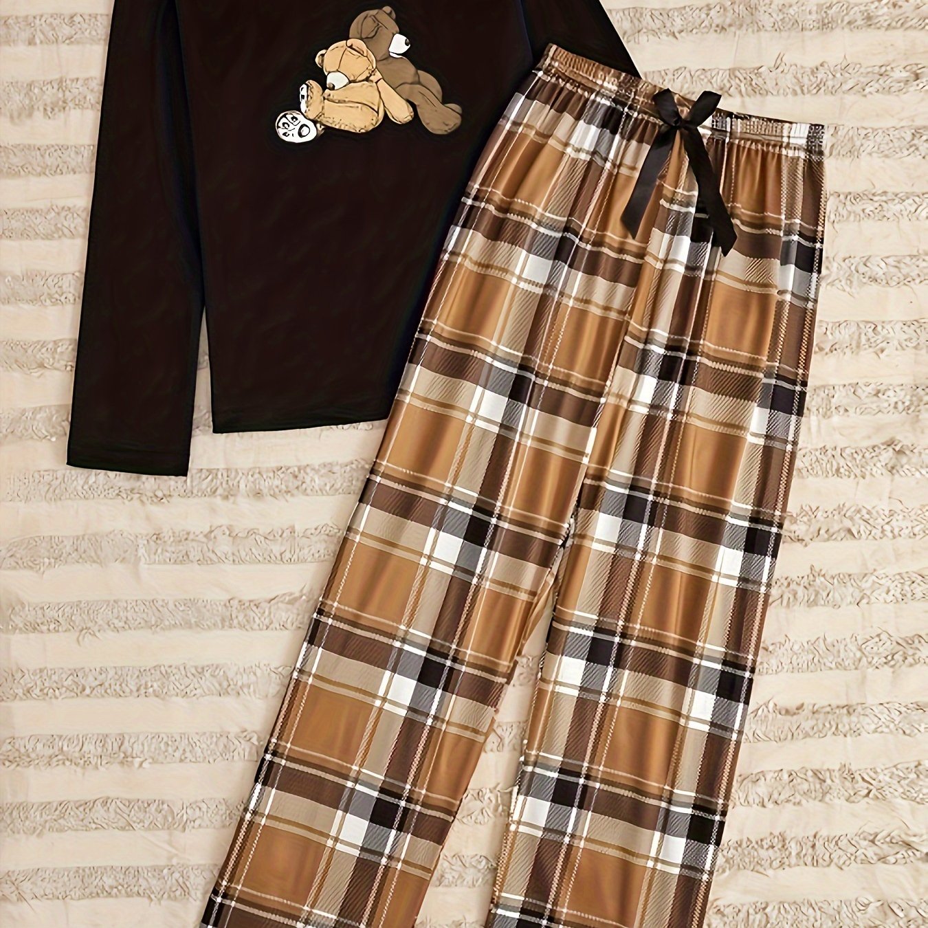 TEMU Women's Cute Bear Print Lounge Set, Long Sleeve Round Neck Top & Plaid Pants, Comfortable Relaxed Fit For Fall