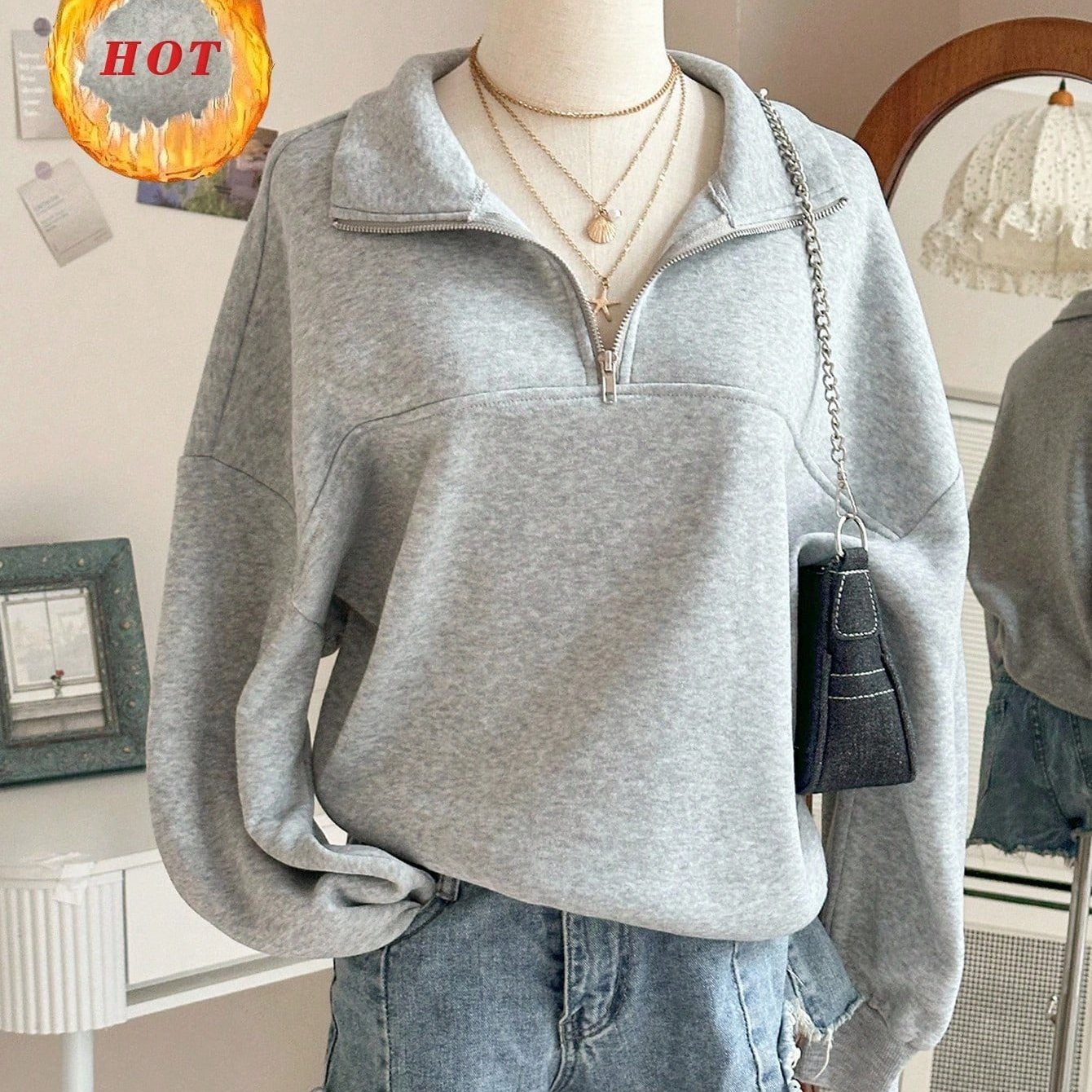 TEMU Fall Winter Directional Style Women's Fashion Loose Slit Zipper Top Sweatshirt