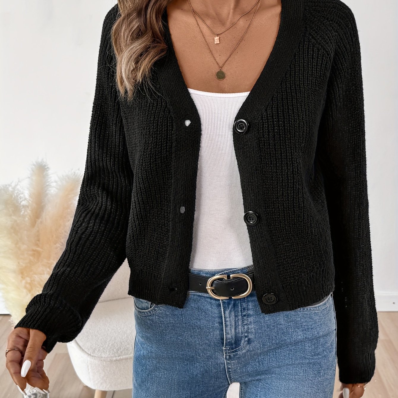 E-shop Sq081209 Richtungsgefärbter Stil, V-Ausschnitt mit Knopfleiste, lässig-elegante, offene Cardigan mit Textur