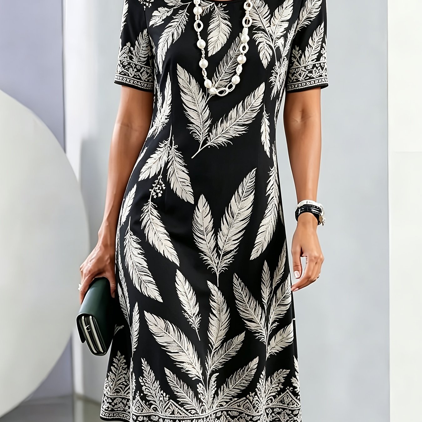 Image of Women's Short Sleeved Round Neck A-line Dress With Black Background And White Print, Casual Summer Loose Straight , Suitable For Daily And Casual Sports Wear