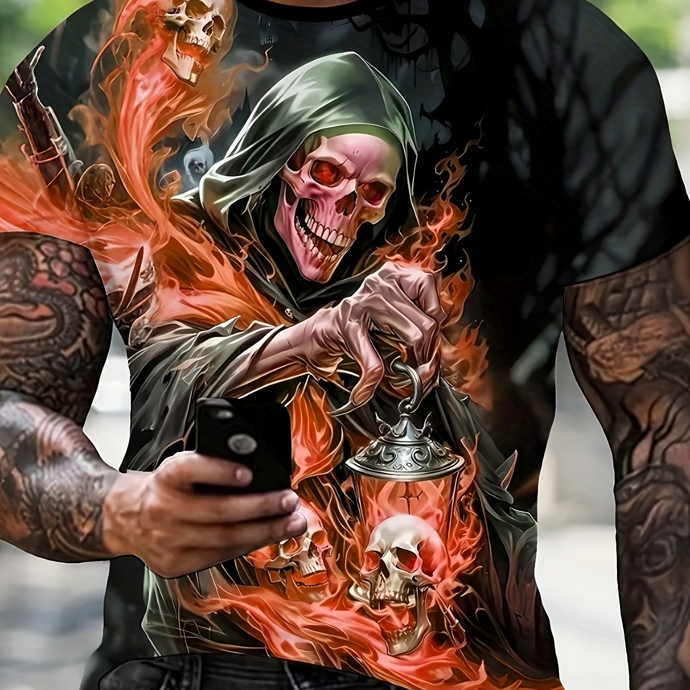 TEMU Men's Summer Streetwear, Men's Summer Streetwear, Plus Size Men's Crew Neck Short Sleeve T-shirt With Fashionable Green Reaper Dark Horror