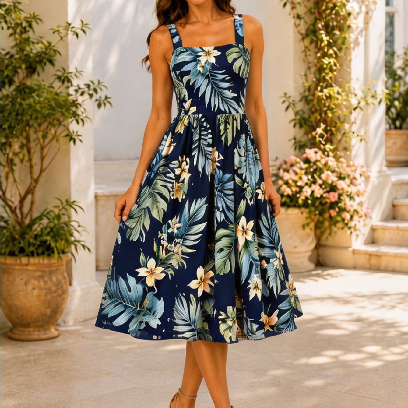 Image of Bohemian Tropical Floral Neck Sleeveless Dress Women High Waist Pleated A Line Midi Length Beach Party Holiday Wardrobe With Pockets Elegant
