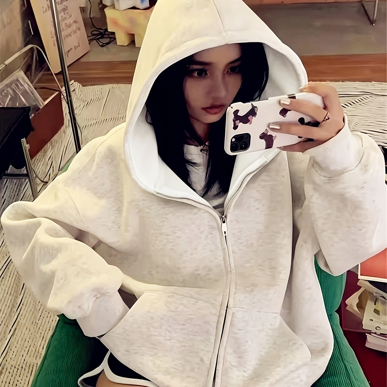 TEMU Women's Autumn Winter Casual Comfortable Versatile Solid Color Zipper Sports Hooded Top Jacket Outerwear