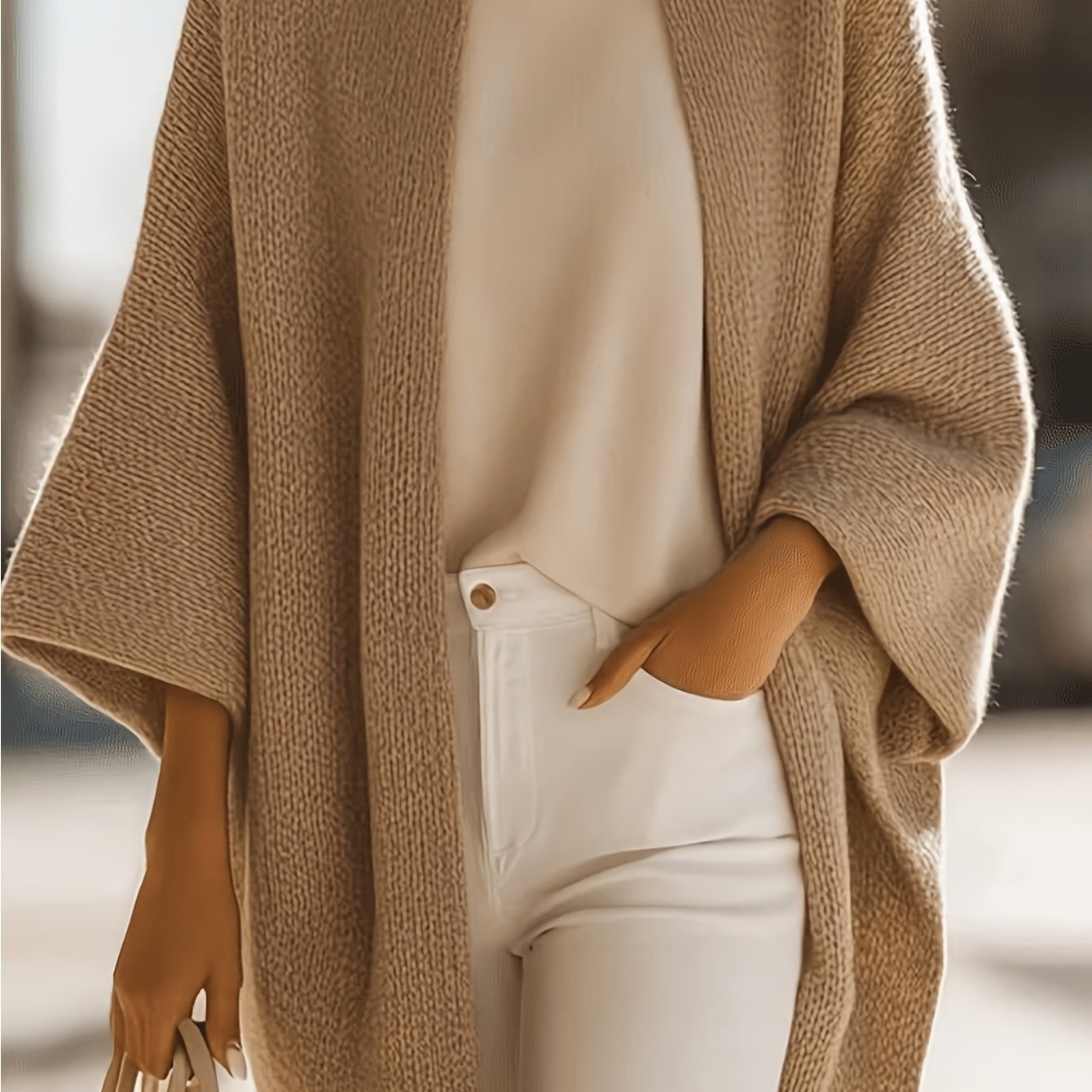 TEMU Cardigan cape long ouvert sur le devant pour femmes, texture épaisse, large, demi-, , drapé, style "old money", intellectuel, idéal pour les