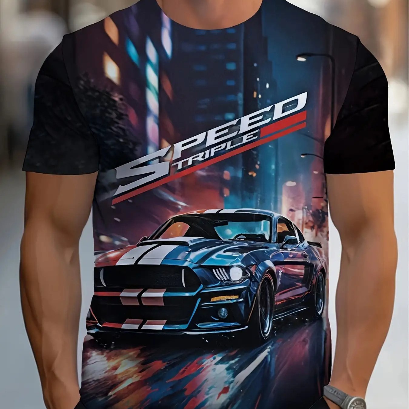 TEMU Men's Racing Pattern T-shirt - Lightweight Breathable Polyester, Sports Car Full Print Design, Casual Short Sleeve For Spring/summer/fall,