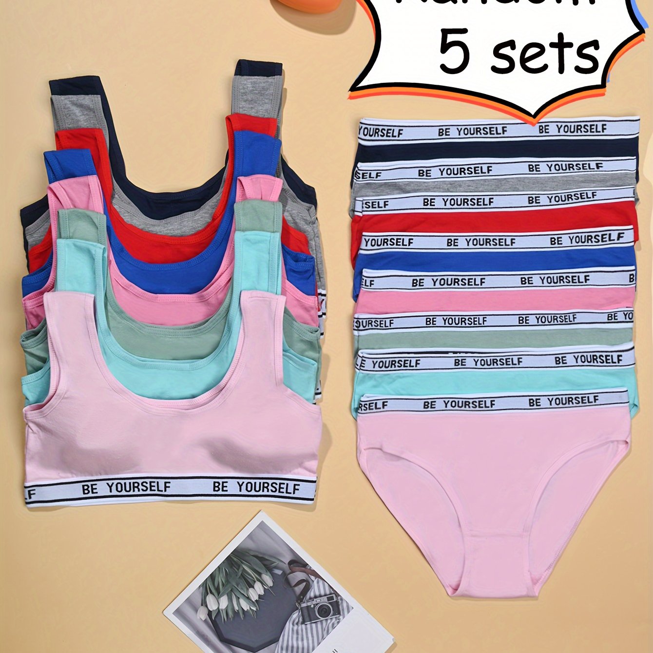 Image of Random 5 Girls Easy Style Sports Vest + Briefs Set, Suitable For Home/daily, Suitable For 12-14 Years Old