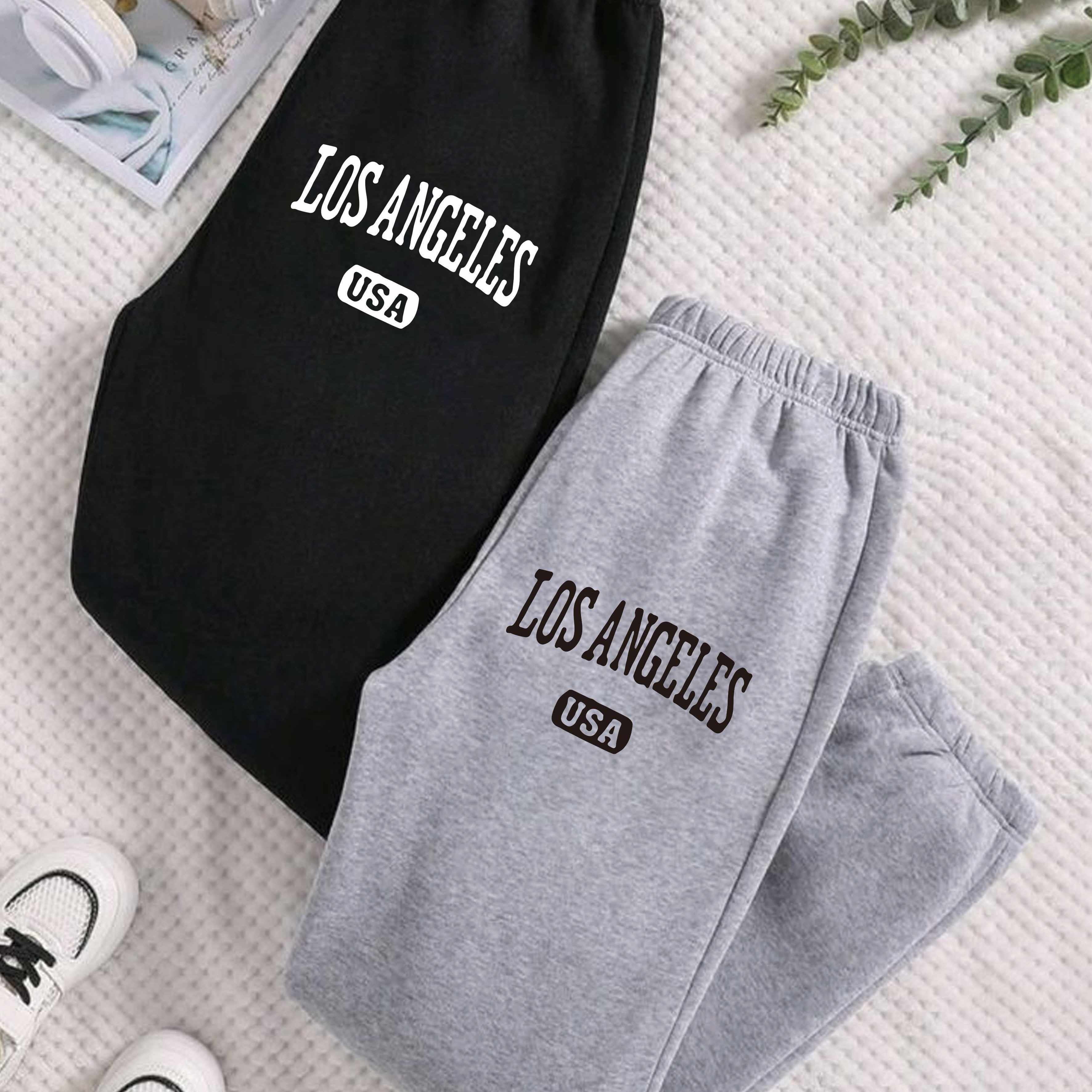 TEMU 2pcs Set, ! Los Angeles Element Printed Casual Pants, Black And Gray , Trendy Essential! "los Angeles Usa" Letter Printed Pants, Comfortable And