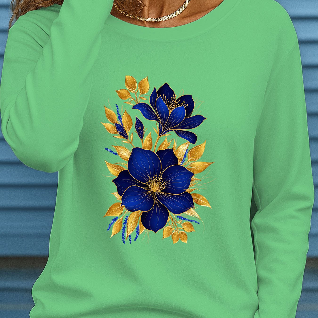 TEMU Women's Plus Size Long Sleeve Round Neck T-shirt, Blue Floral Print T-shirt, Blue And Pattern Long Sleeve Top Ii 1291
