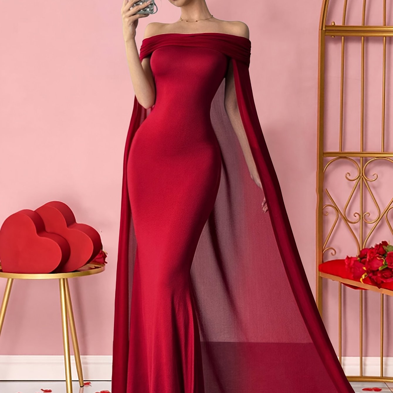 TEMU Elegant Women's Party Christmas Romantic Fashion Evening Wine -shoulder Long Cardigan Dress, Wine Red Elegant One-shoulder Long Shawl Dress,