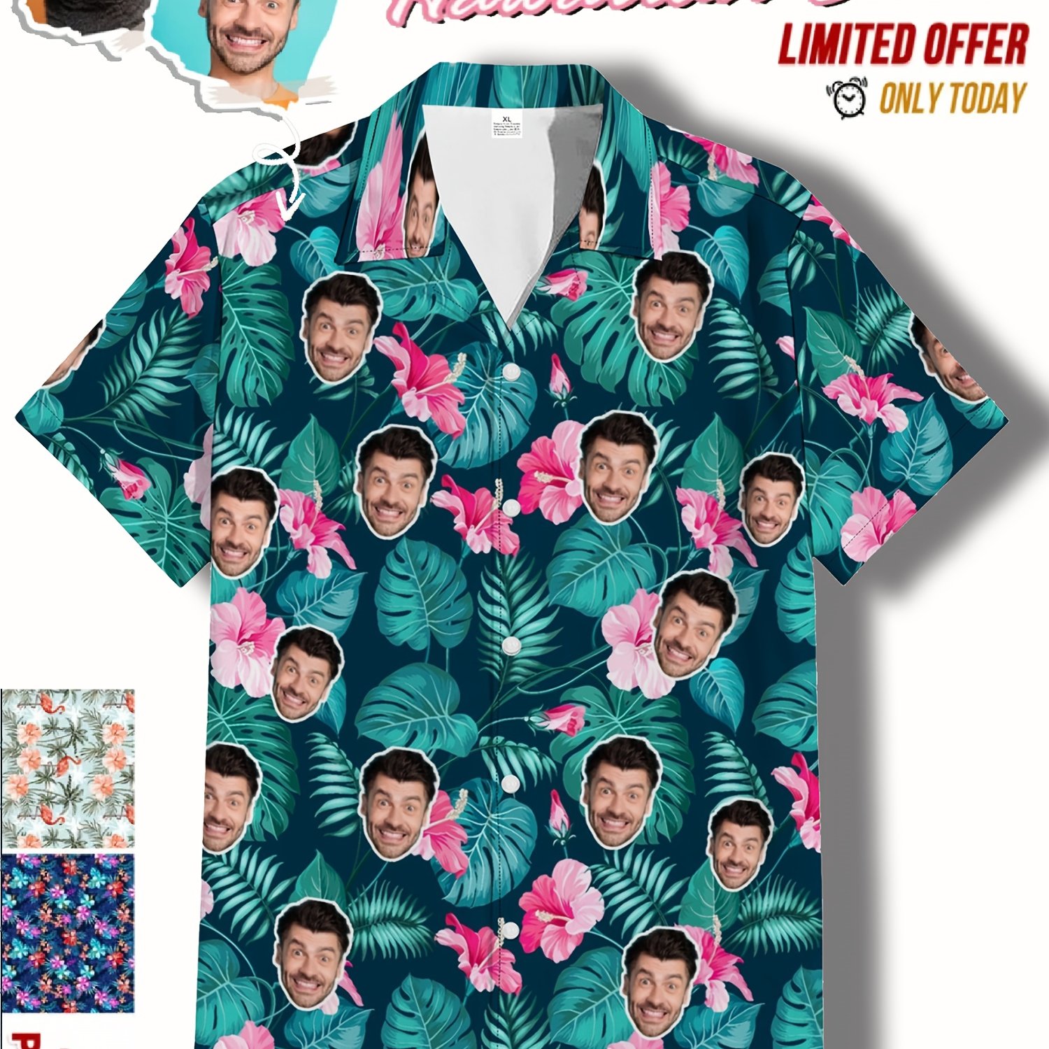 E-shop Personalisierbares Hawaiian-Shirt für Herren - Personalisierter Fotodruck, leichtes Sommer-Freizeit-Knackshirt mit lebhaftem tropischem Design,